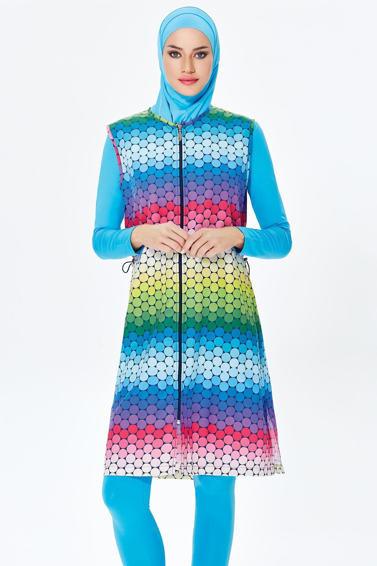Colorful Yelekli Tam Kapalı Tesettür Mayo Turkuaz