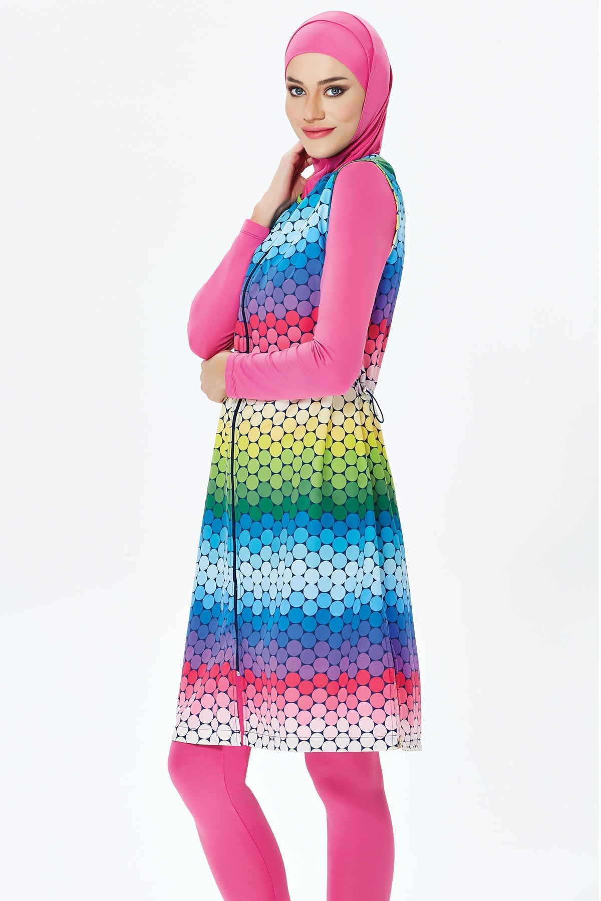 Colorful Yelekli Tam Kapalı Tesettür Mayo Fuşya