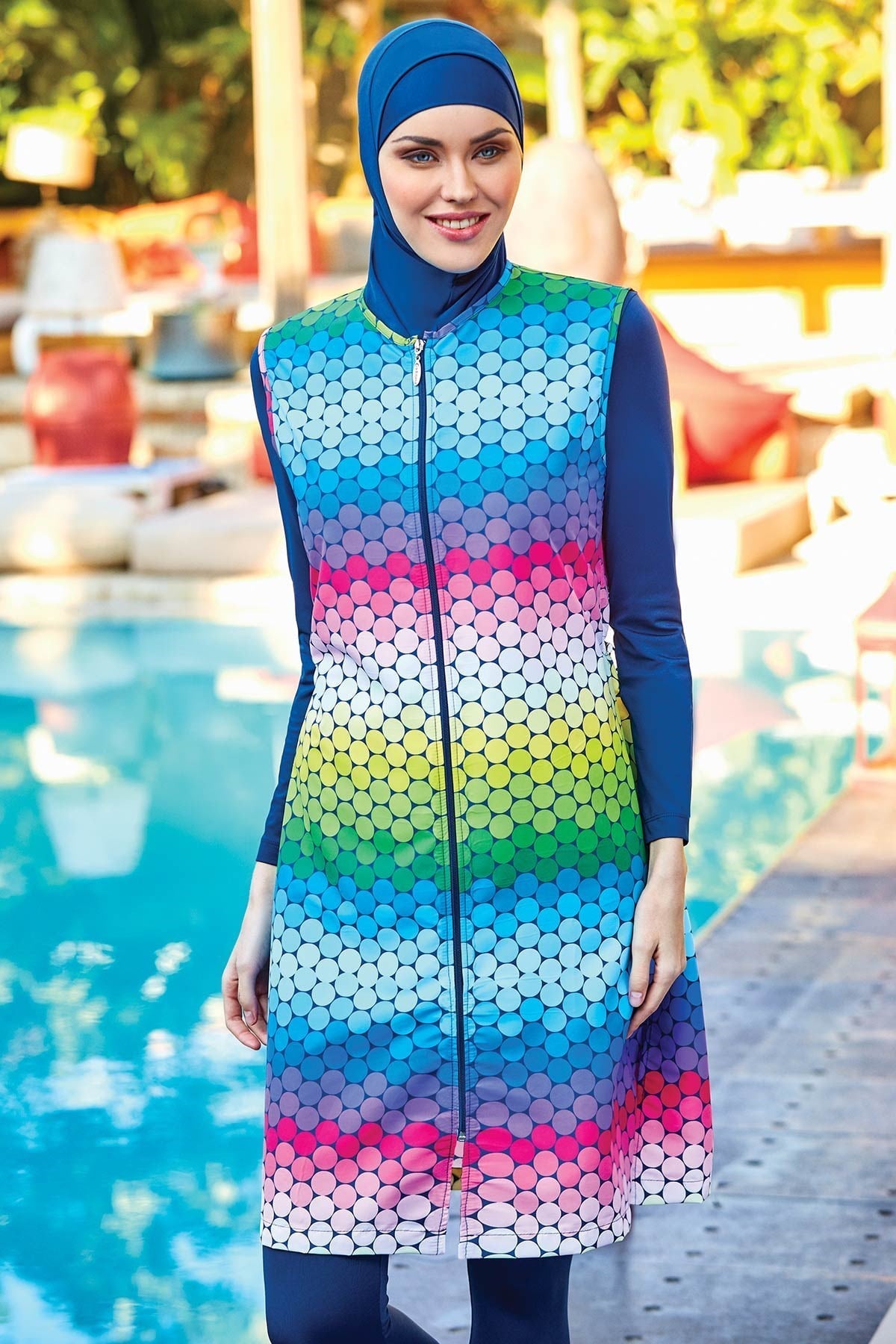 Colorful Yelekli Tam Kapalı Tesettür Mayo Açık Lacivert