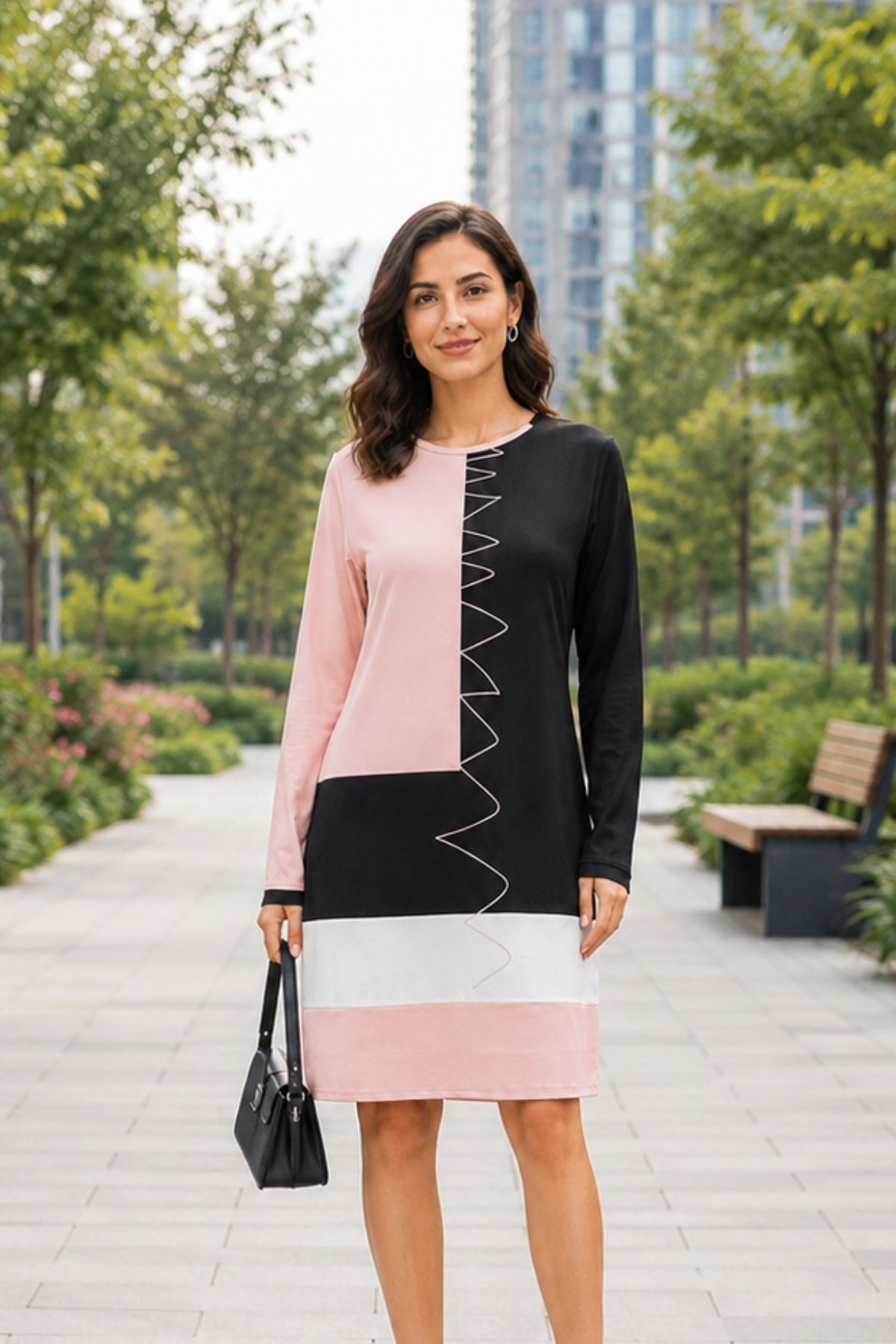 Geometrik Desenli Uzun Kollu Modal Tunik Elbise - Pembe