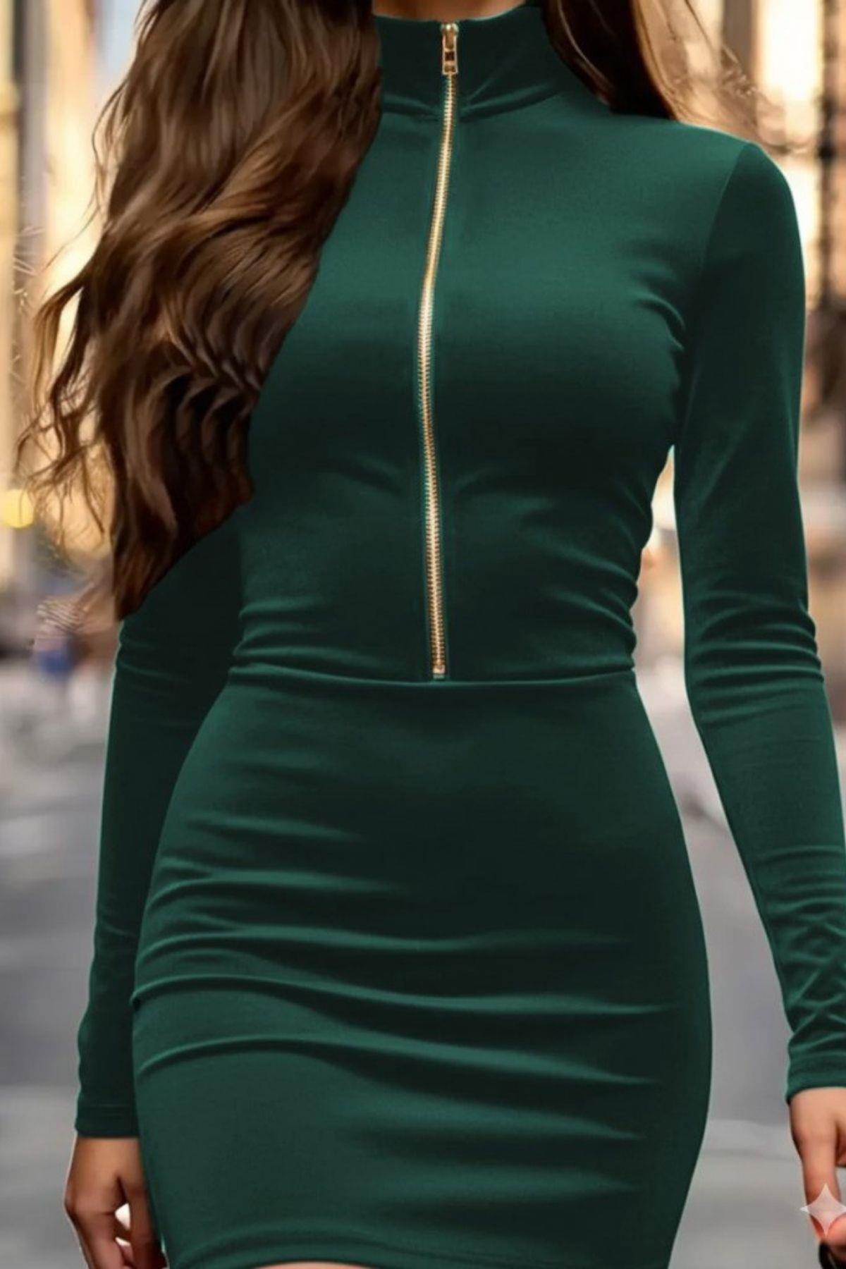 Balıkçı Yaka Fermuarlı Mini Kadife Elbise - Yeşil