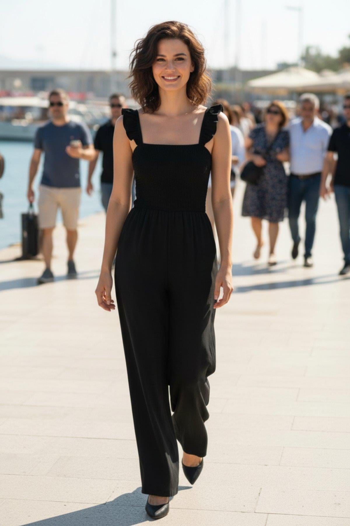 Askılı Gipe Detaylı Uzun Tulum - Siyah