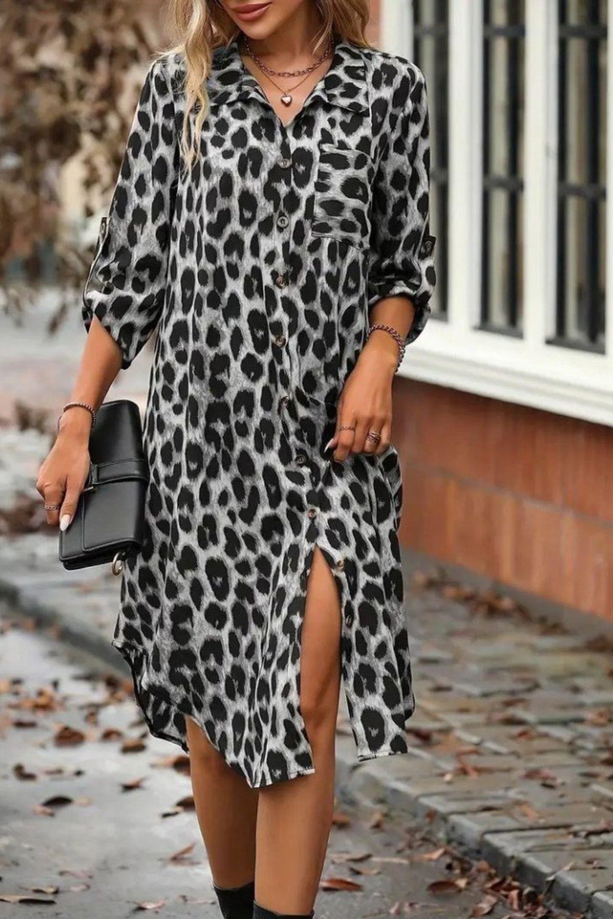 Modal Kumaş Leopar Desenli Düğmeli Midi Gömlek Elbise - Siyah