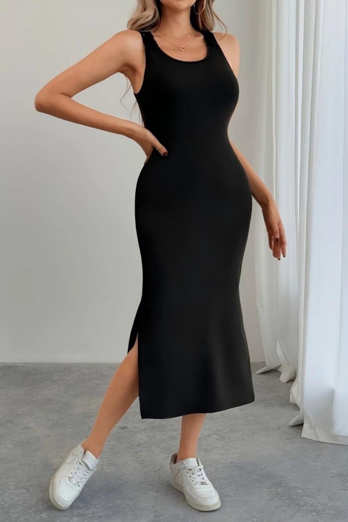 Sırt Detaylı Yırtmaçlı Midi Viskon Elbise - Siyah