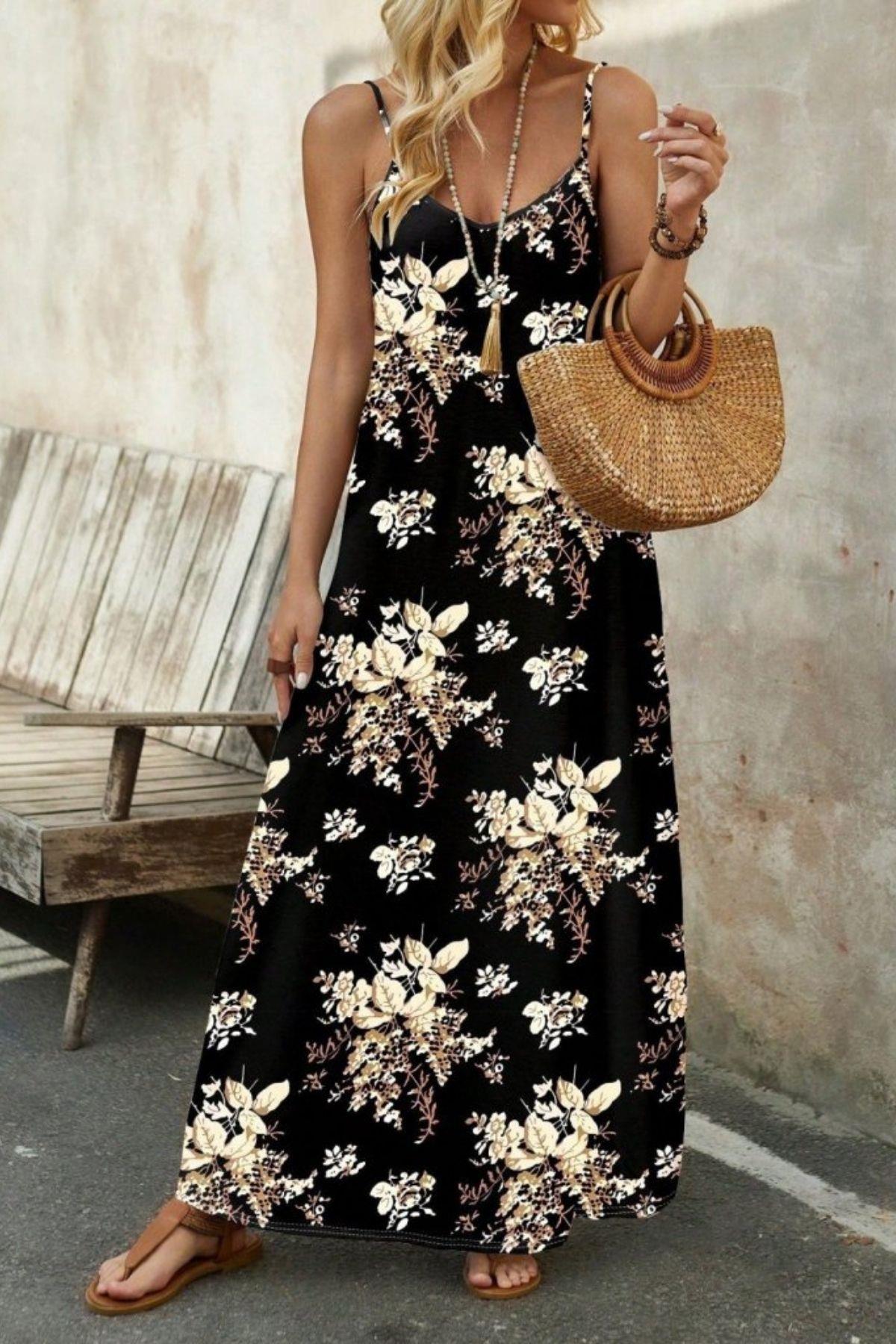 Askılı Çiçek Desenli Uzun Yazlık Süprem  Elbise - Siyah