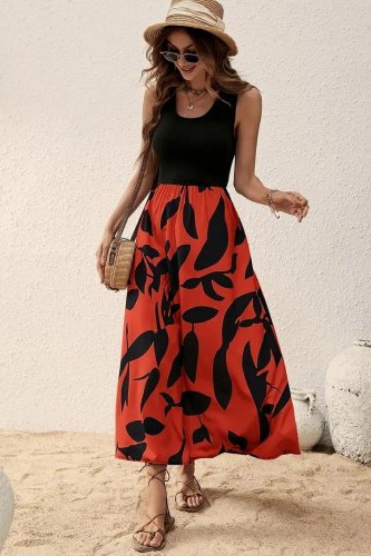 Kolsuz Desenli Uzun Süprem Elbise - Kırmızı