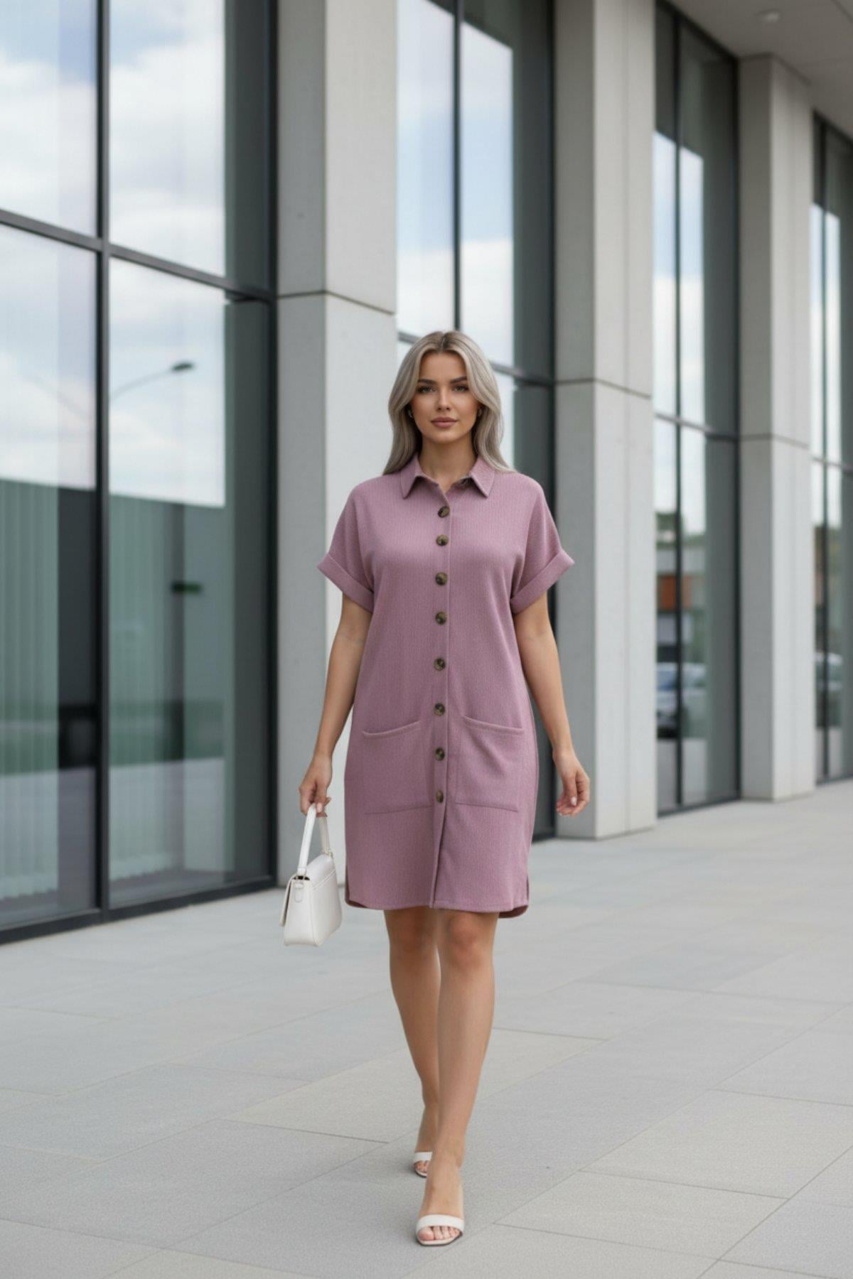Önden Cepli Mini Bürümcük Elbise - Pembe
