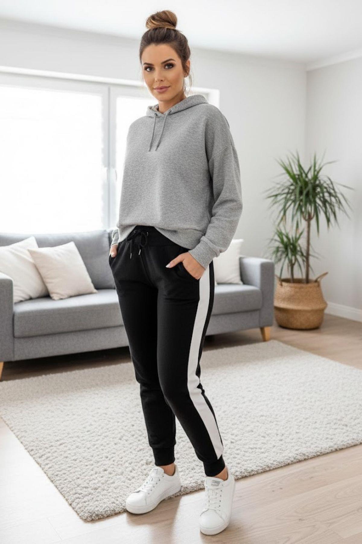 Çizgili Jogger Viskon İki İplik Eşofman Altı - Siyah