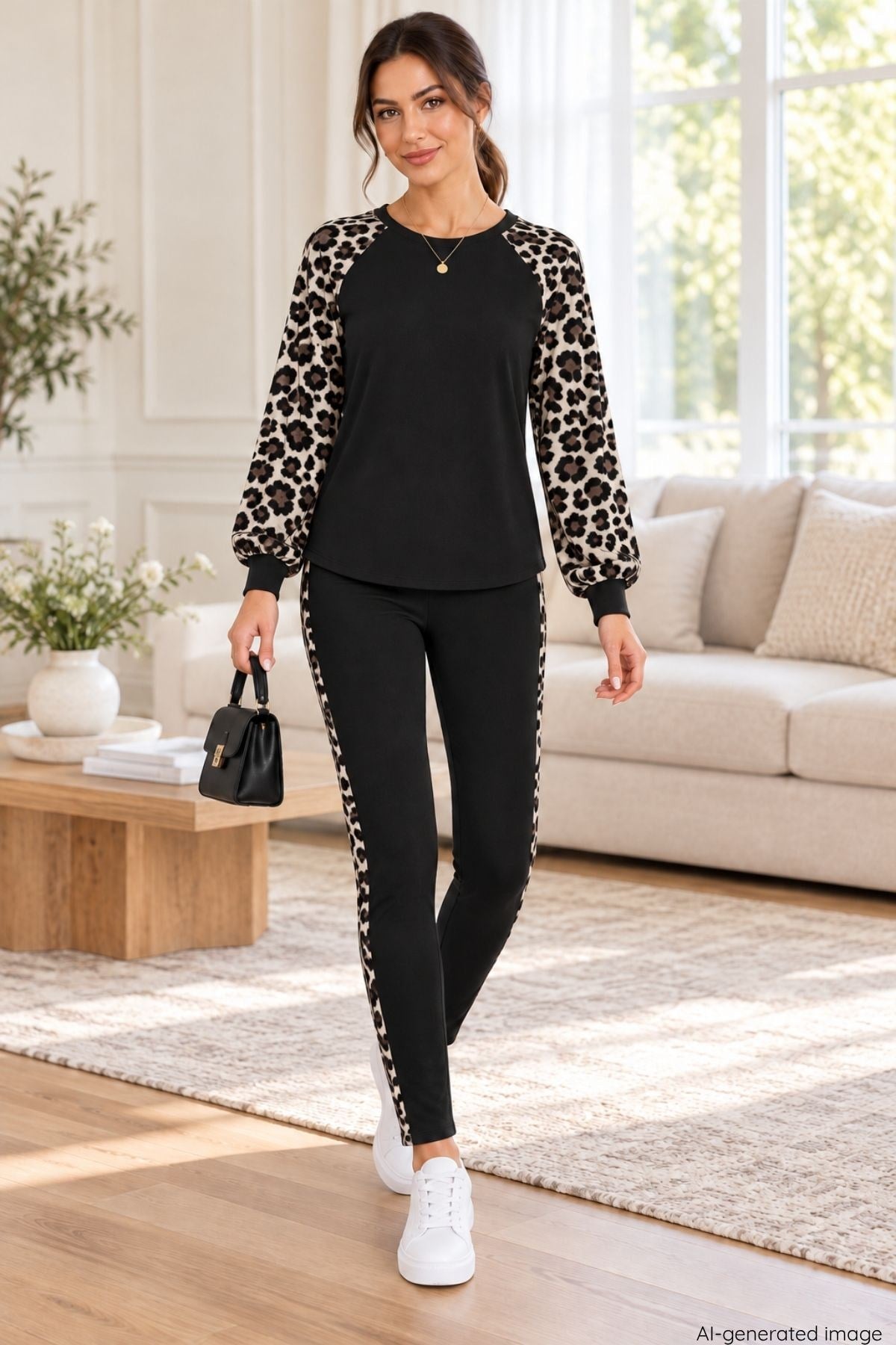 Leopar Desenli Viskon İki İplik Takım - Siyah