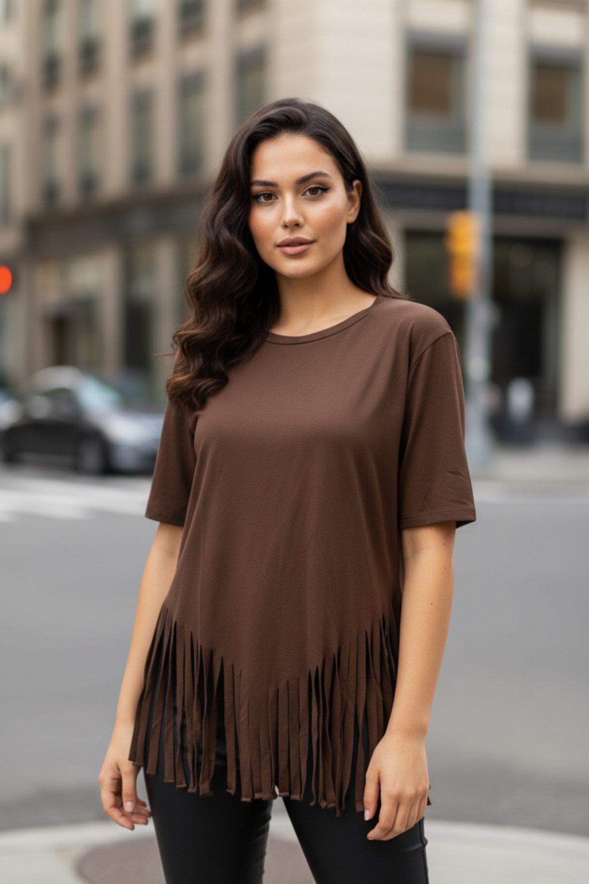 Bisiklet Yaka Püsküllü Viskon Bluz - Kahve