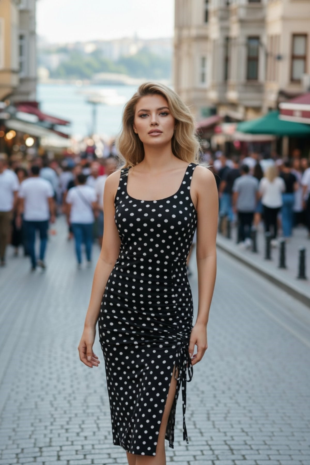 Puantiye Desen Yandan Büzgülü Örme Krep Elbise - Siyah
