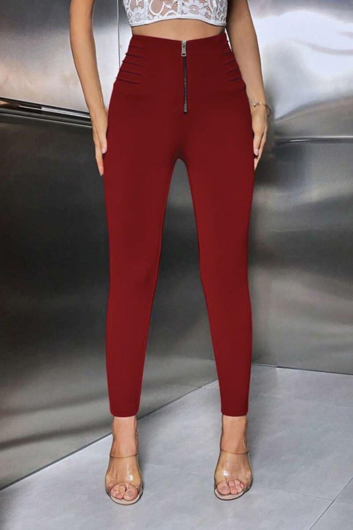 Yüksek Bel Fermuar Detaylı Dalgıç Tayt - Kırmızı