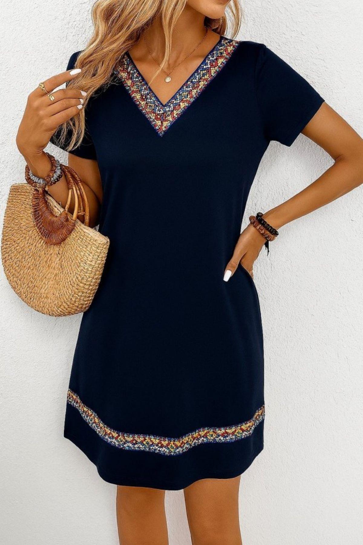 Etnik Desen Şerit Detaylı Viskon Elbise - Lacivert