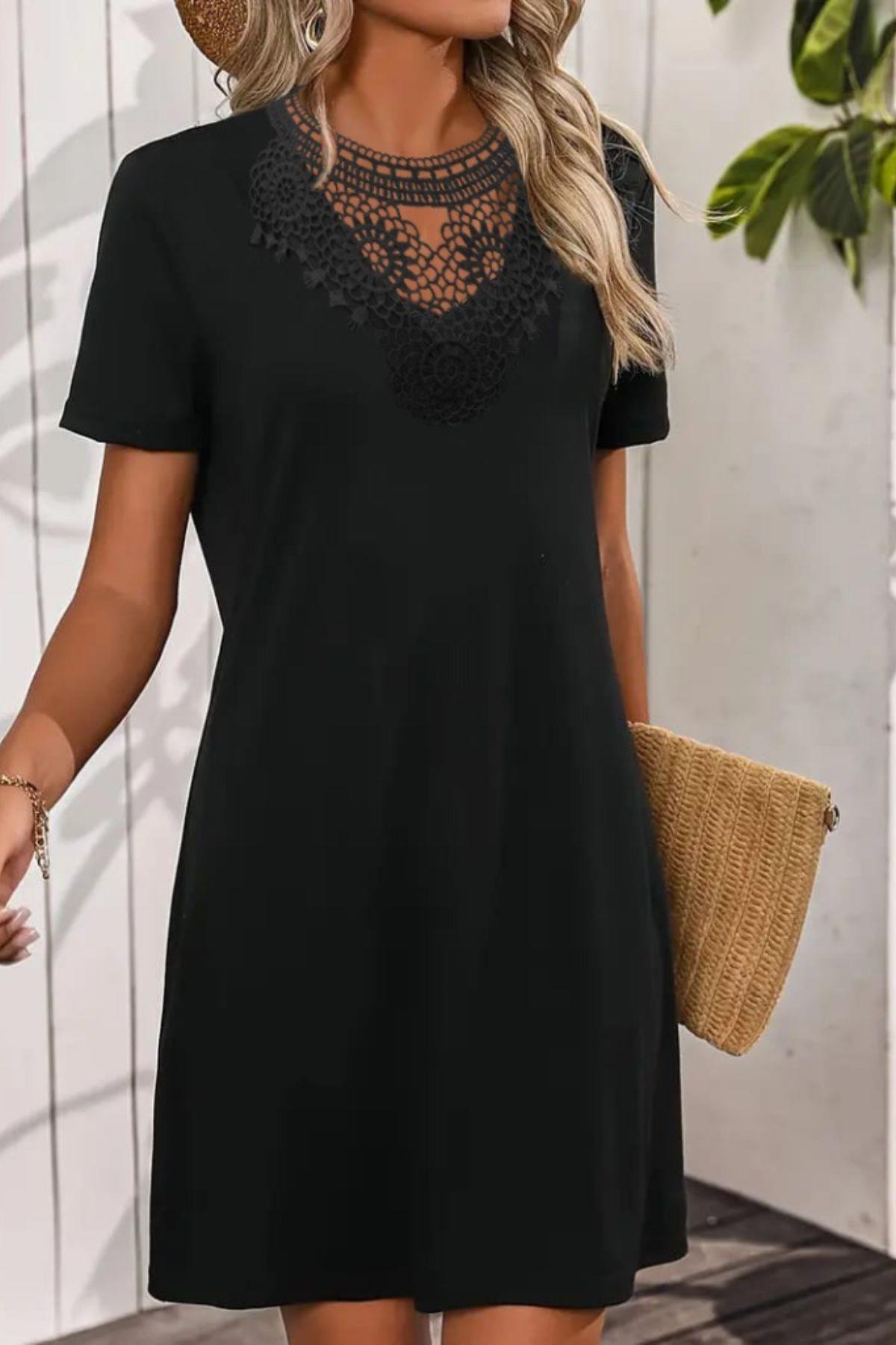 Dantel Yakalı Kısa Kollu Viskon Elbise Siyah