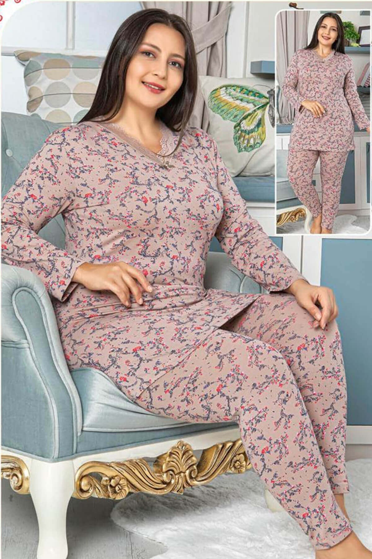 Dantelli V Yaka Büyük Beden Pijama Takımı
