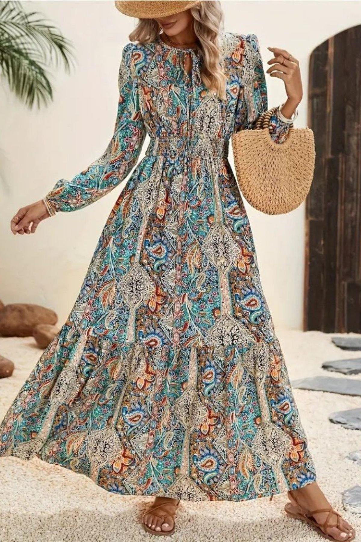 Uzun Kollu Beli Lastikli Süprem Elbise - Desenli