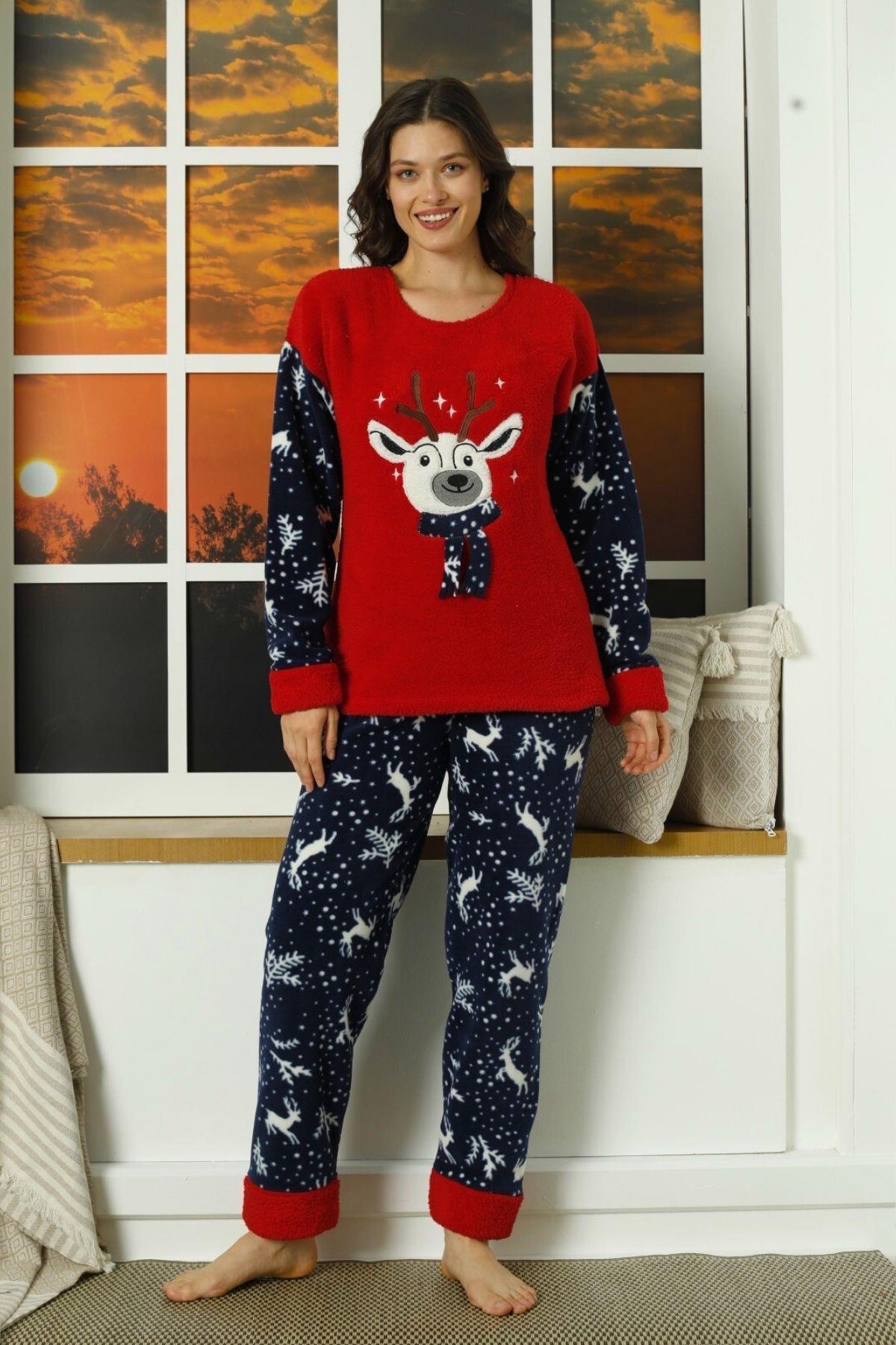 Deer Yeni Yıl Desenli Polar Pijama Takımı Kırmızı