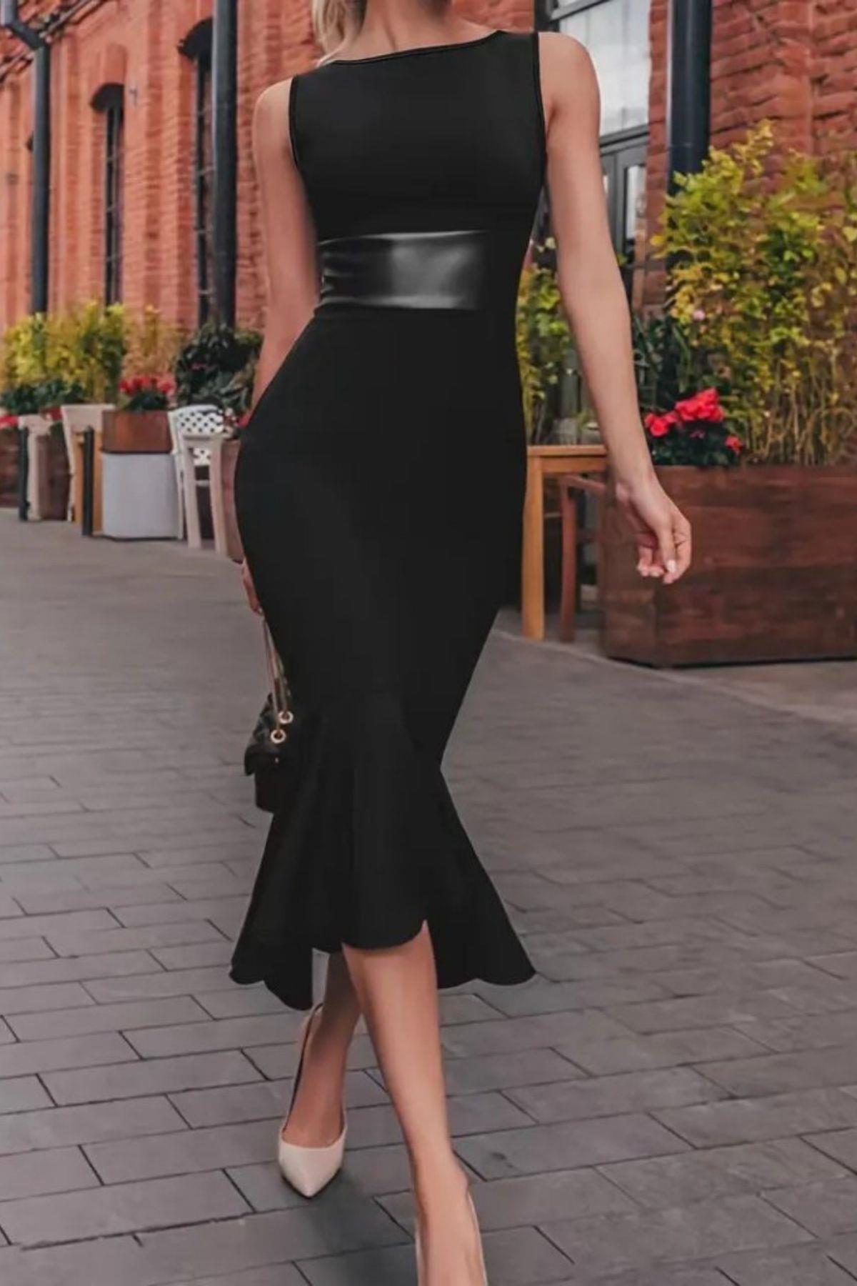 Deri Detaylı Volanlı Midi Krep Elbise Siyah