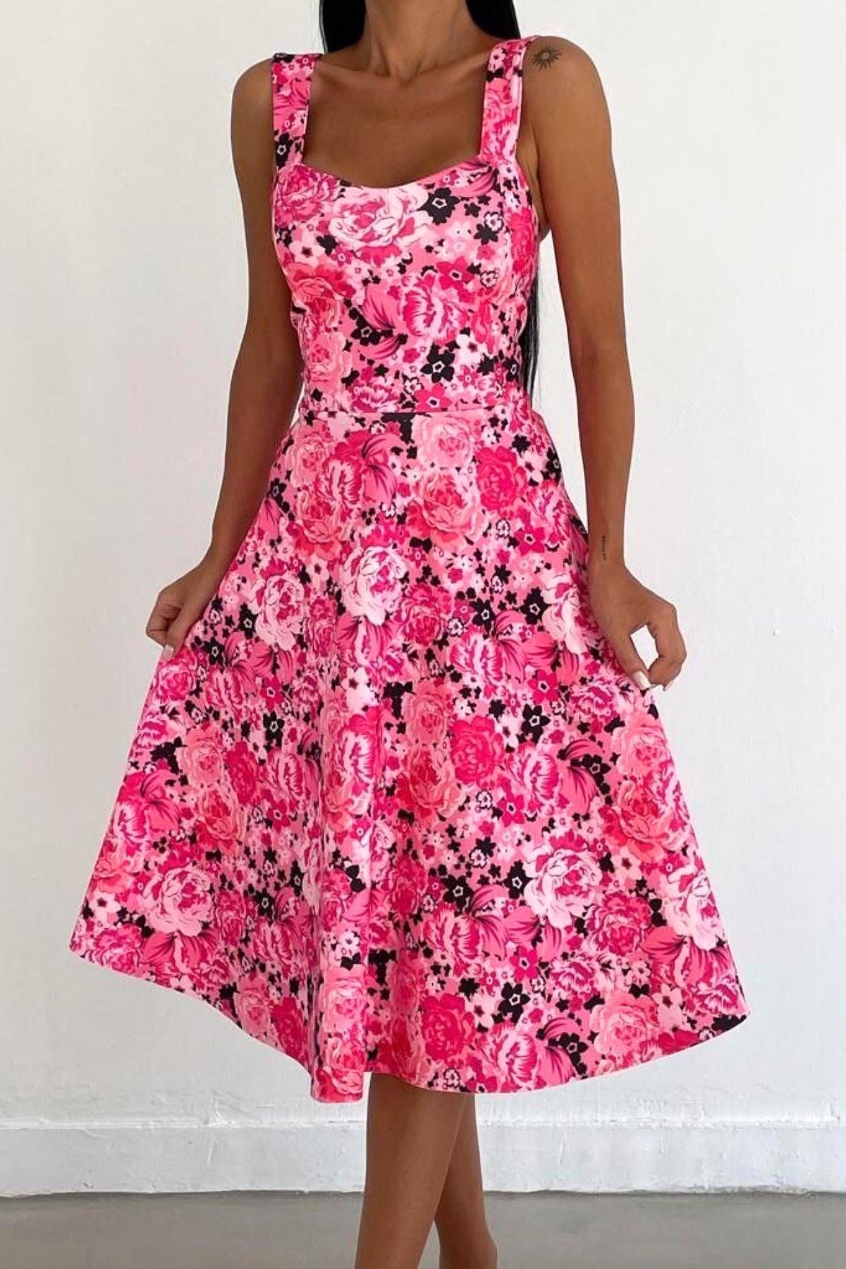 Desenli Kalın Askılı Kare Yaka Fashion Elbise Pembe
