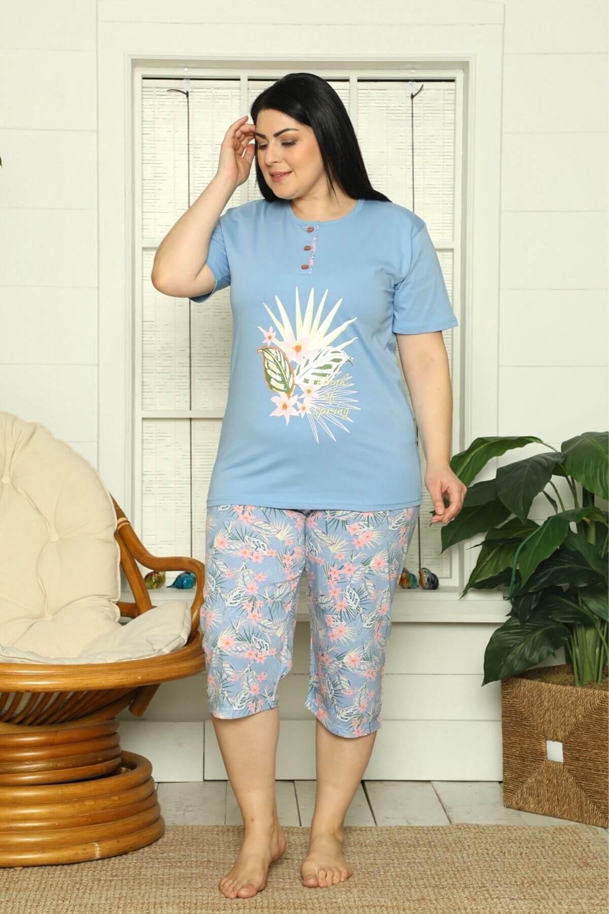 Desenli Kaprili Büyük Beden Pijama Takımı