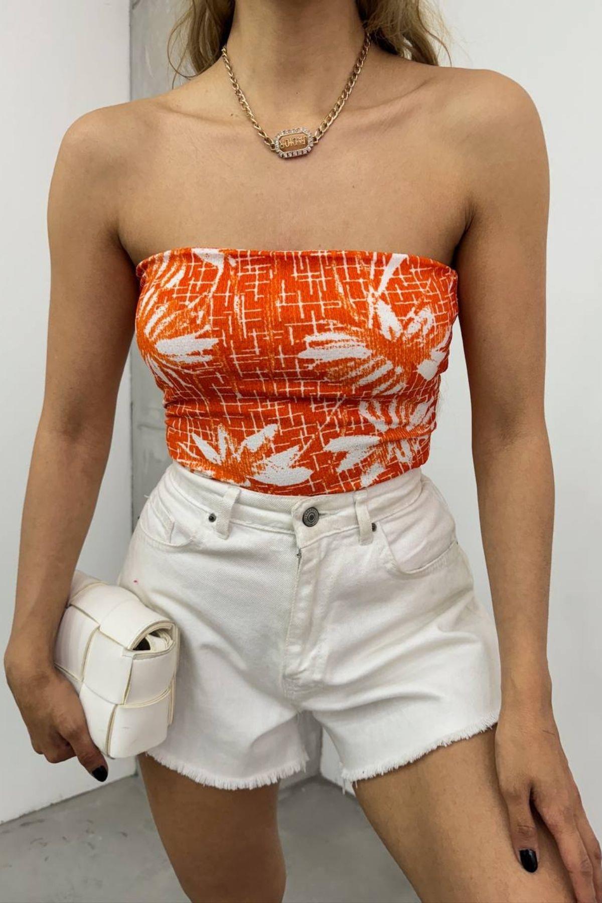 Desenli Straplez Crop Bluz Turuncu