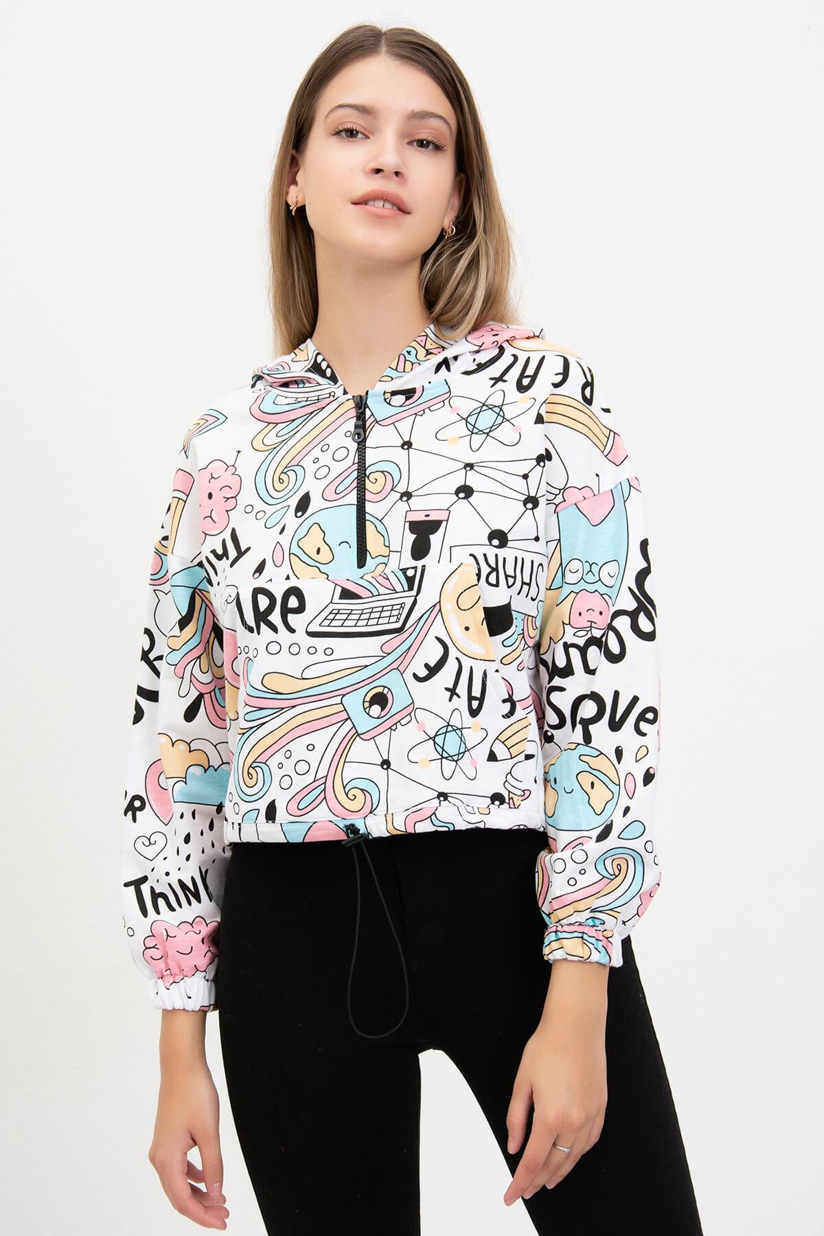 Desenli Sweatshirt Beyaz