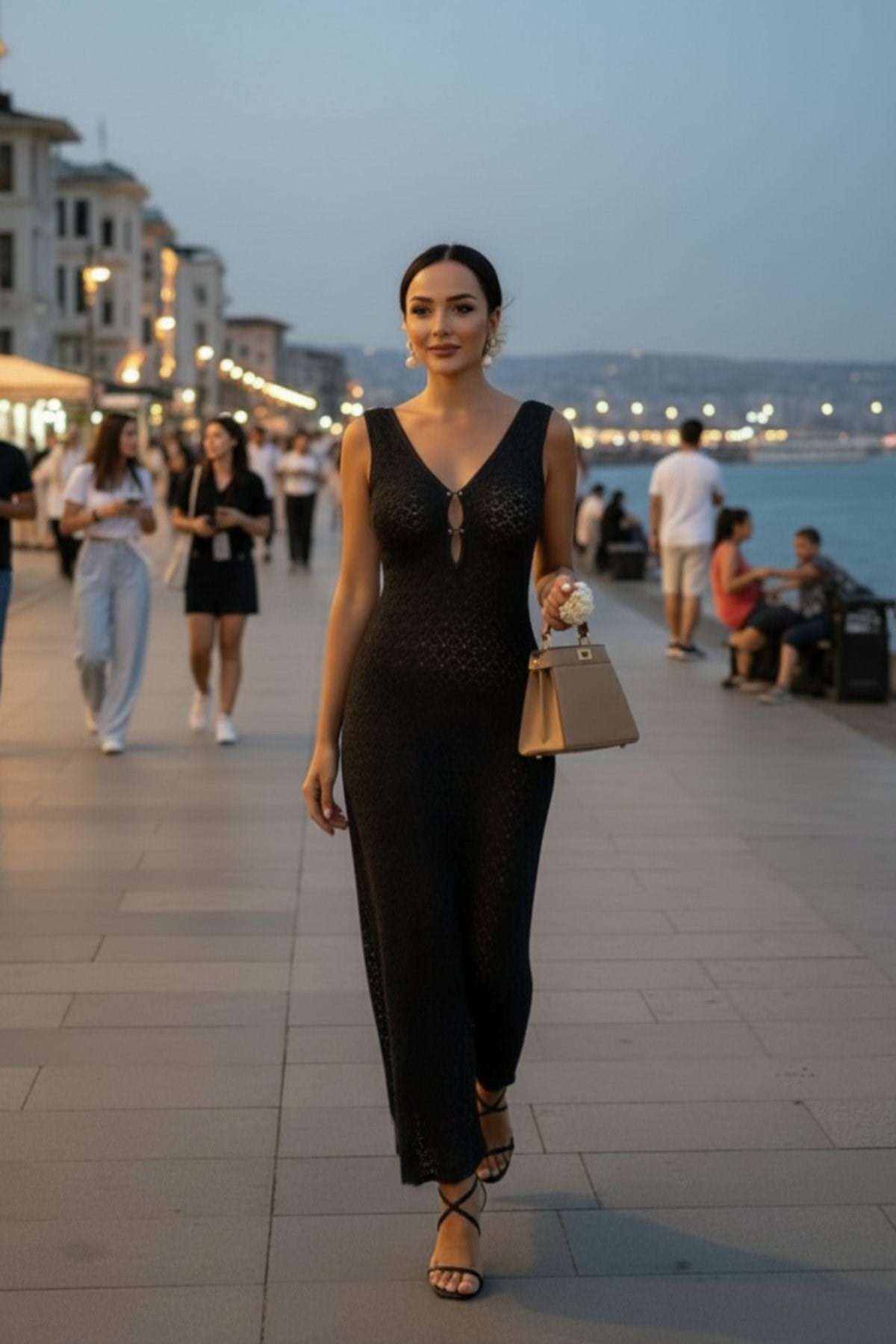 V Yaka Uzun Triko Elbise - Siyah