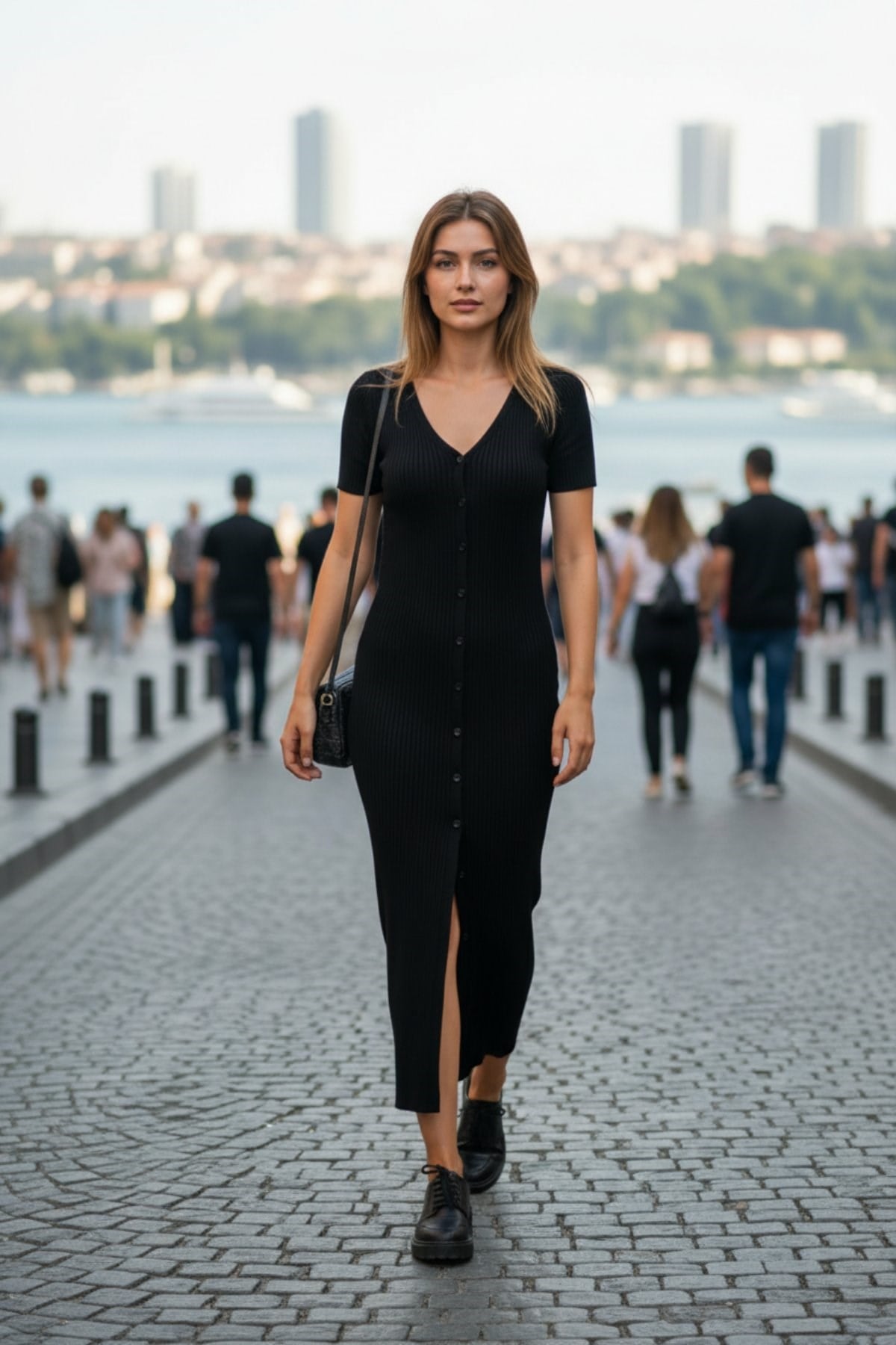 Önden Düğmeli Uzun Kaşkorse Elbise - Siyah