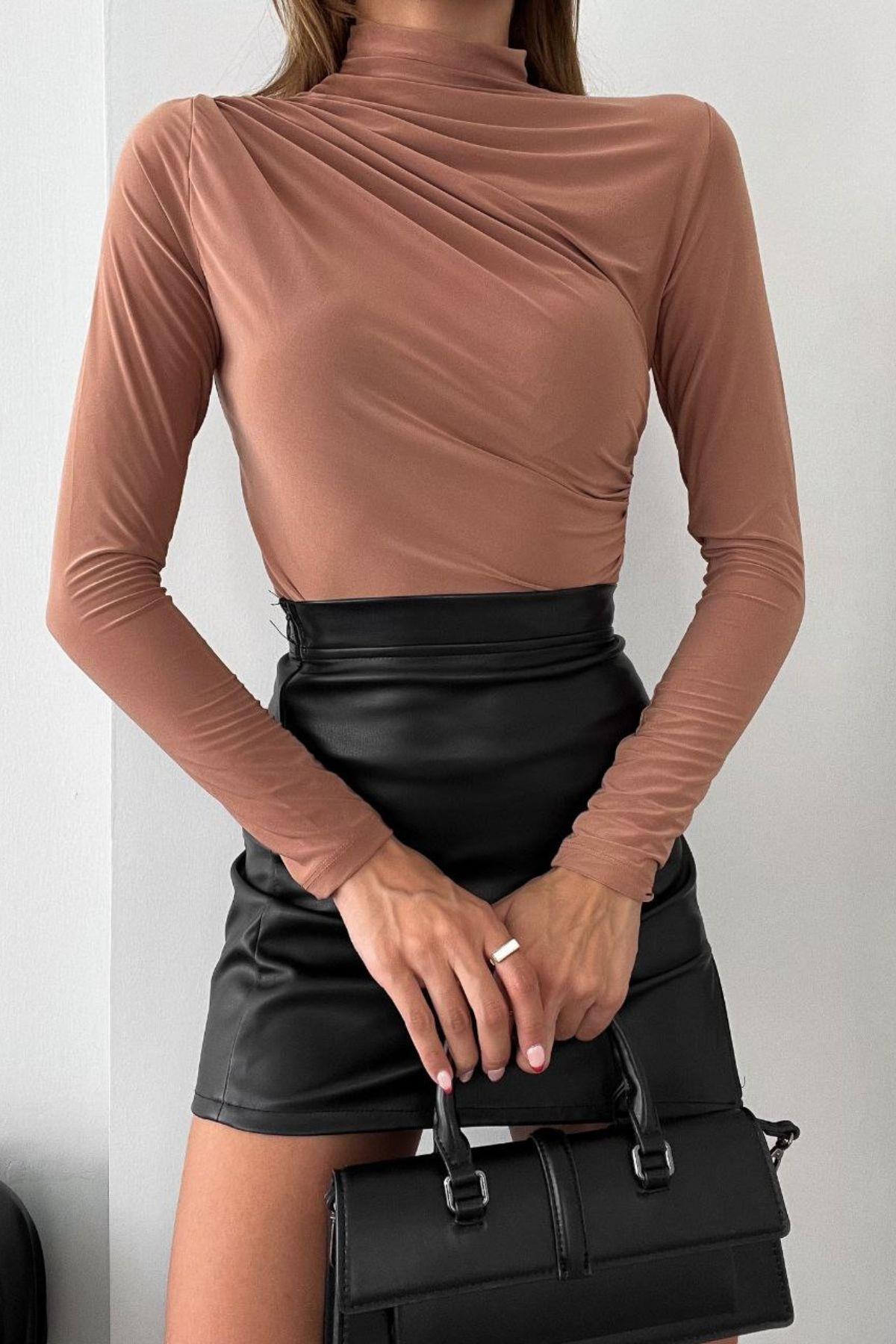 Dik Yaka Drapeli Sandy Bluz Taba