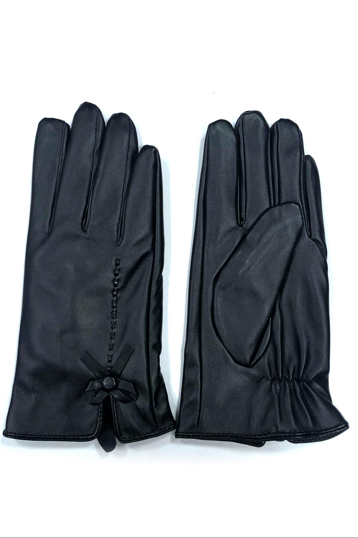 Dikiş Detaylı Fiyonklu Deri Eldiven