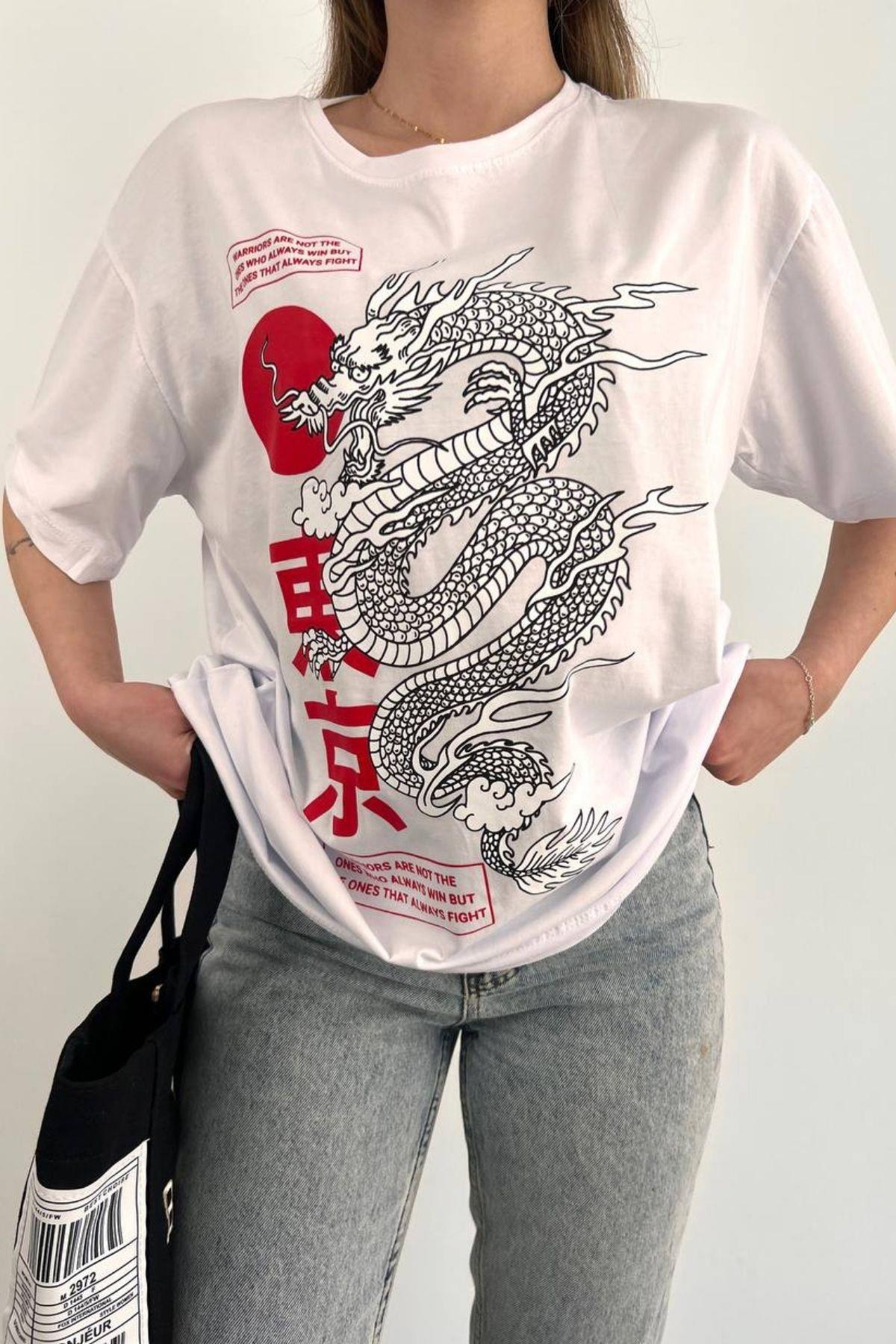 Dragon Desen Basic Kısa Kollu T-Shirt Beyaz