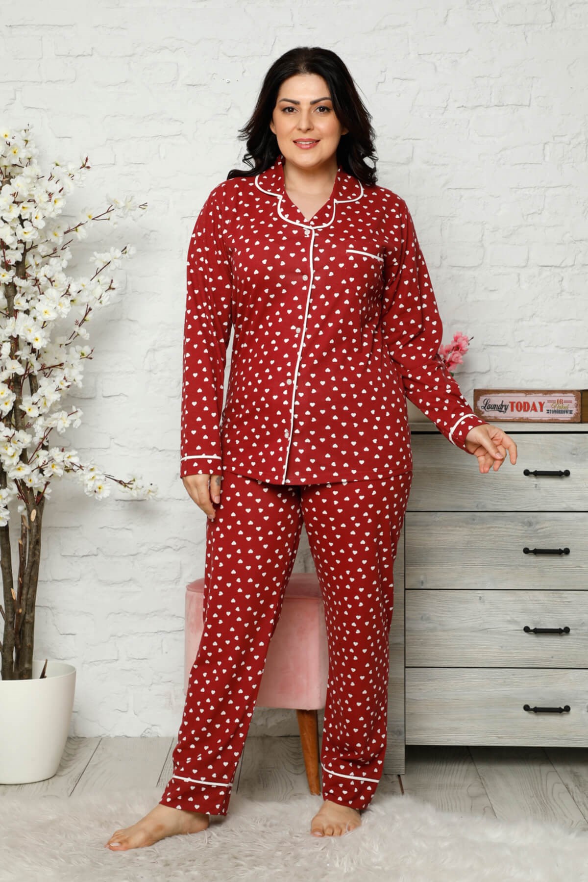 Düğmeli Battal Pijama Takımı Kırmızı