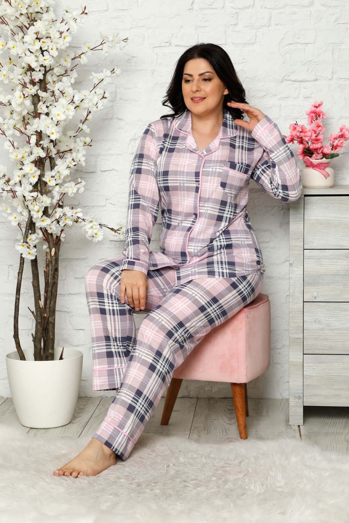Düğmeli Battal Pijama Takımı Pembe