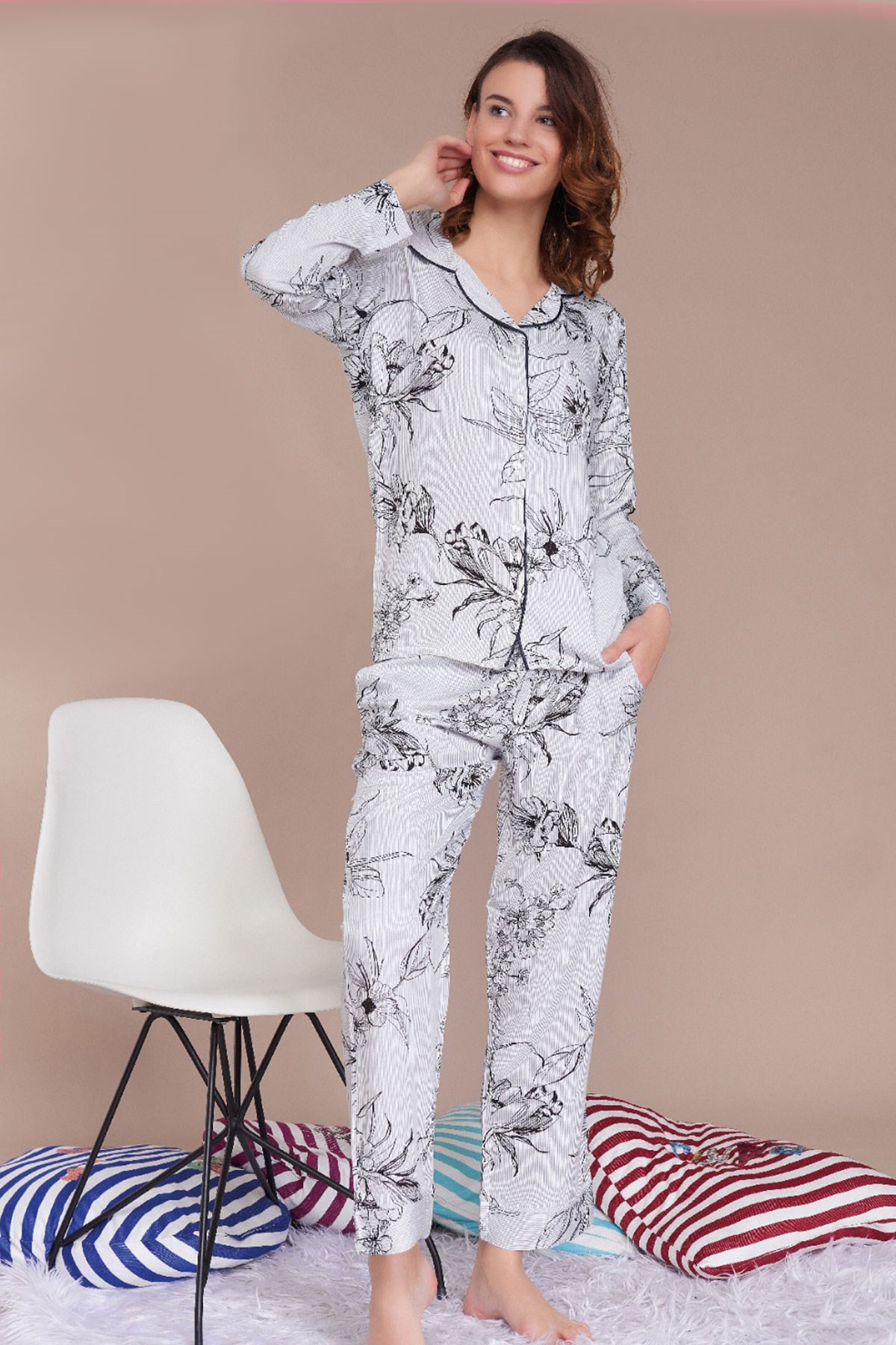 Düğmeli Dokuma Pijama Takımı Ekru