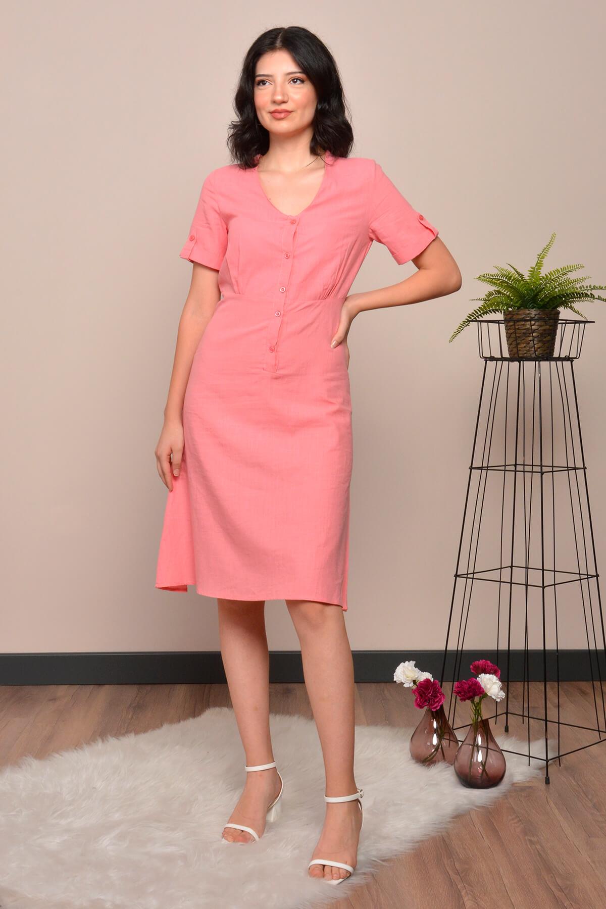 Düğmeli Keten Elbise Pembe