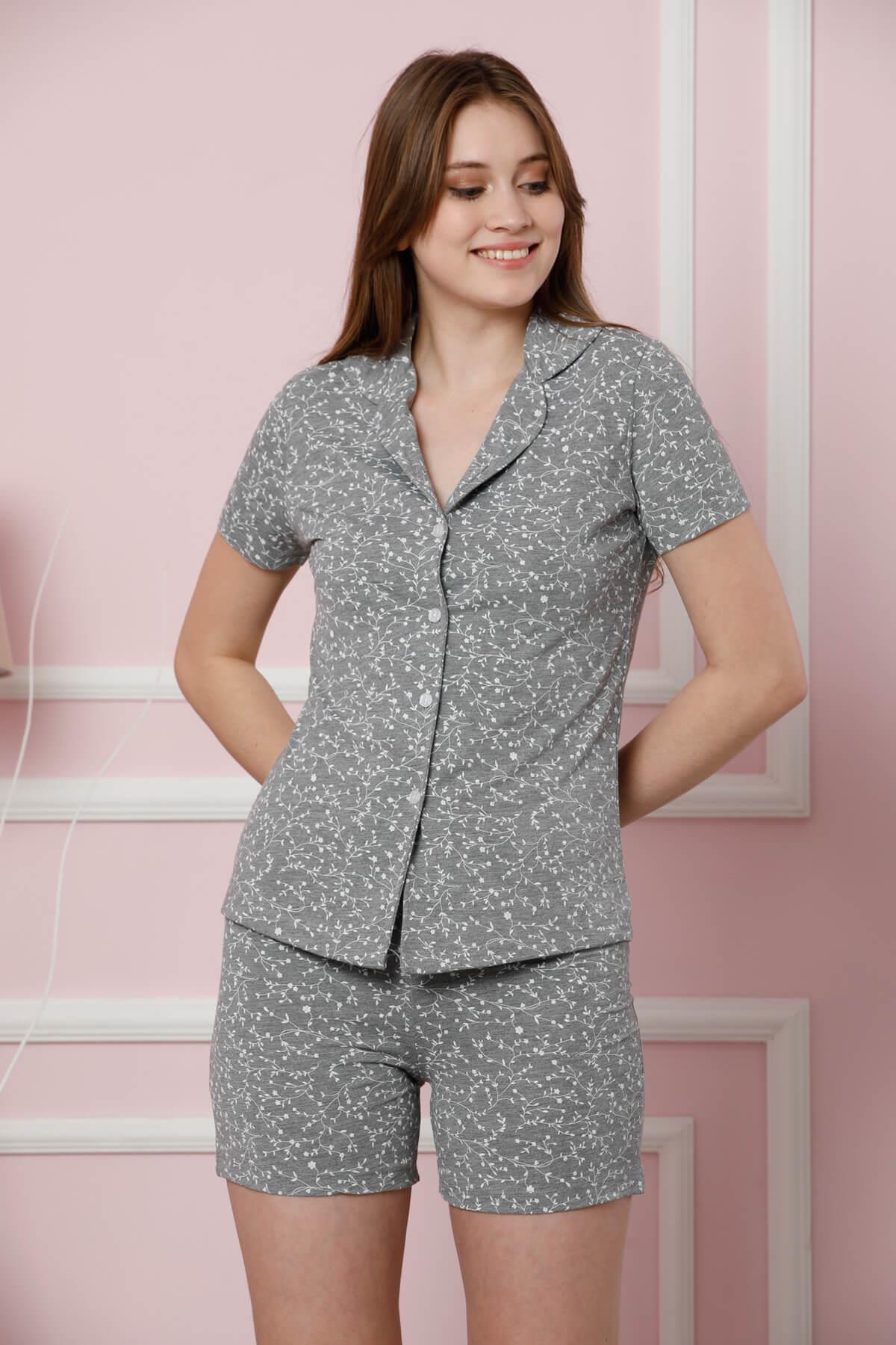 Düğmeli Şortlu Pijama Takımı Gri
