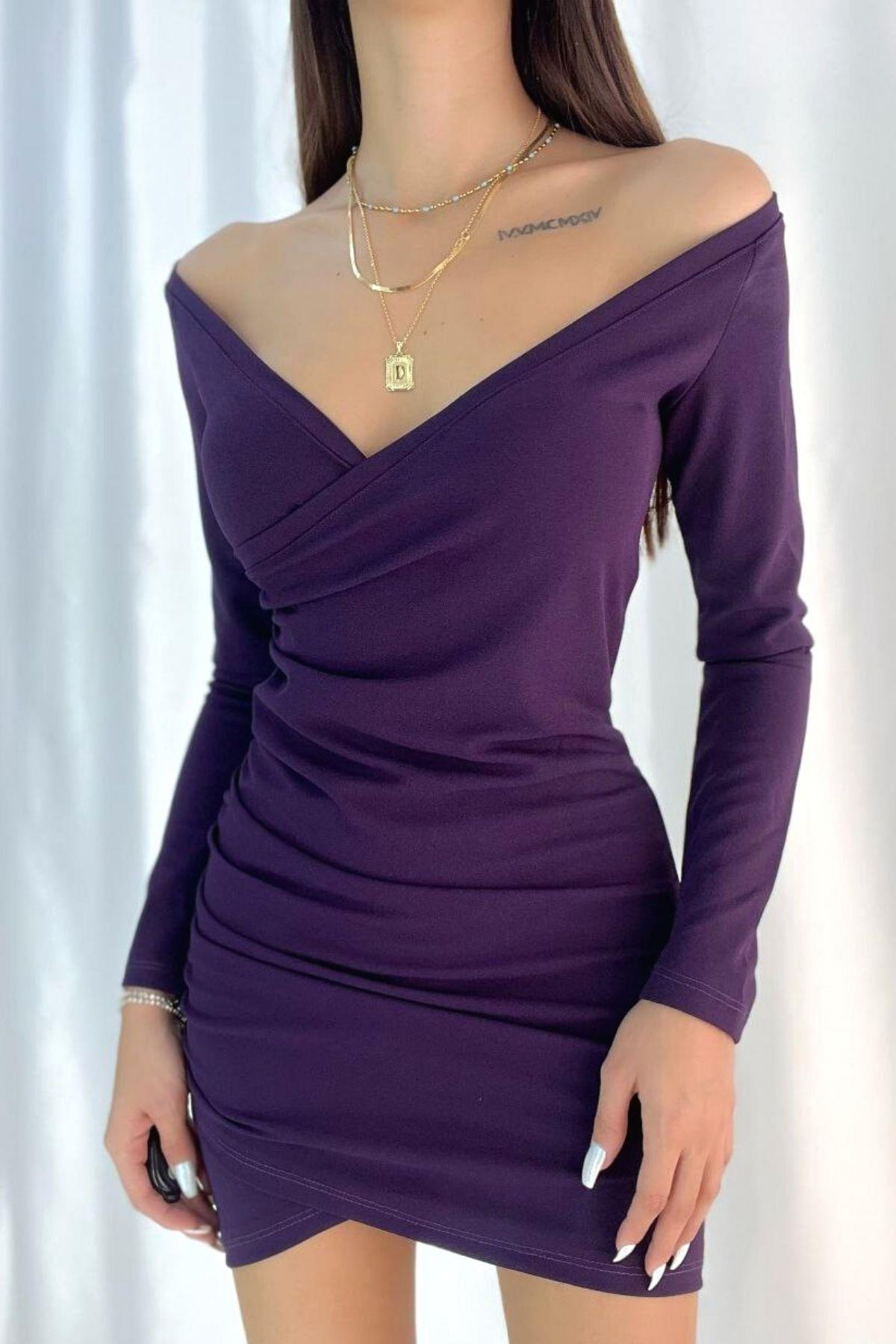 Düşük Omuz Büzgülü Mini Elbise Mor 582288