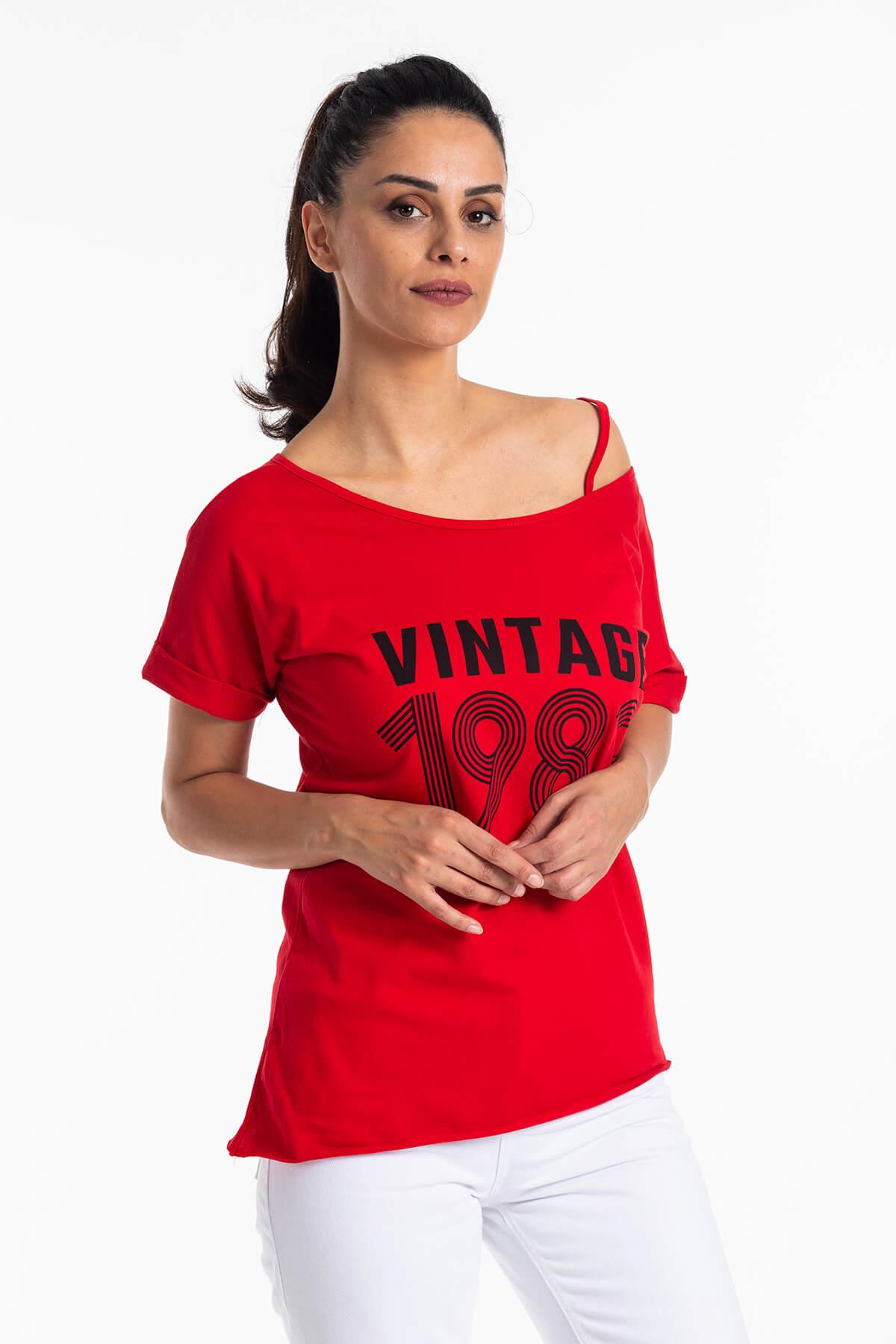 Düşük Omuz Vintage T-Shirt Kırmızı