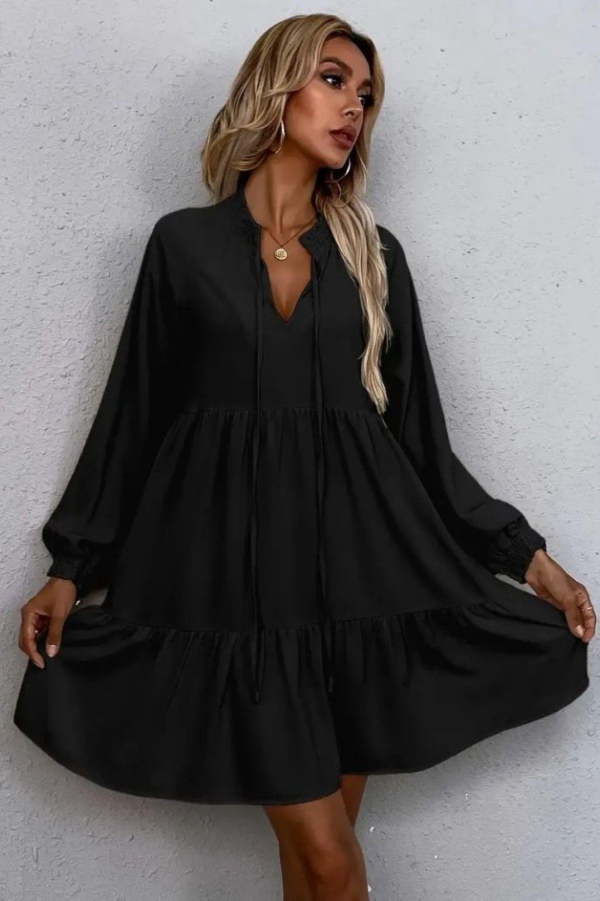 Yaka Bağlamalı Uzun Kollu Keten Elbise - Siyah