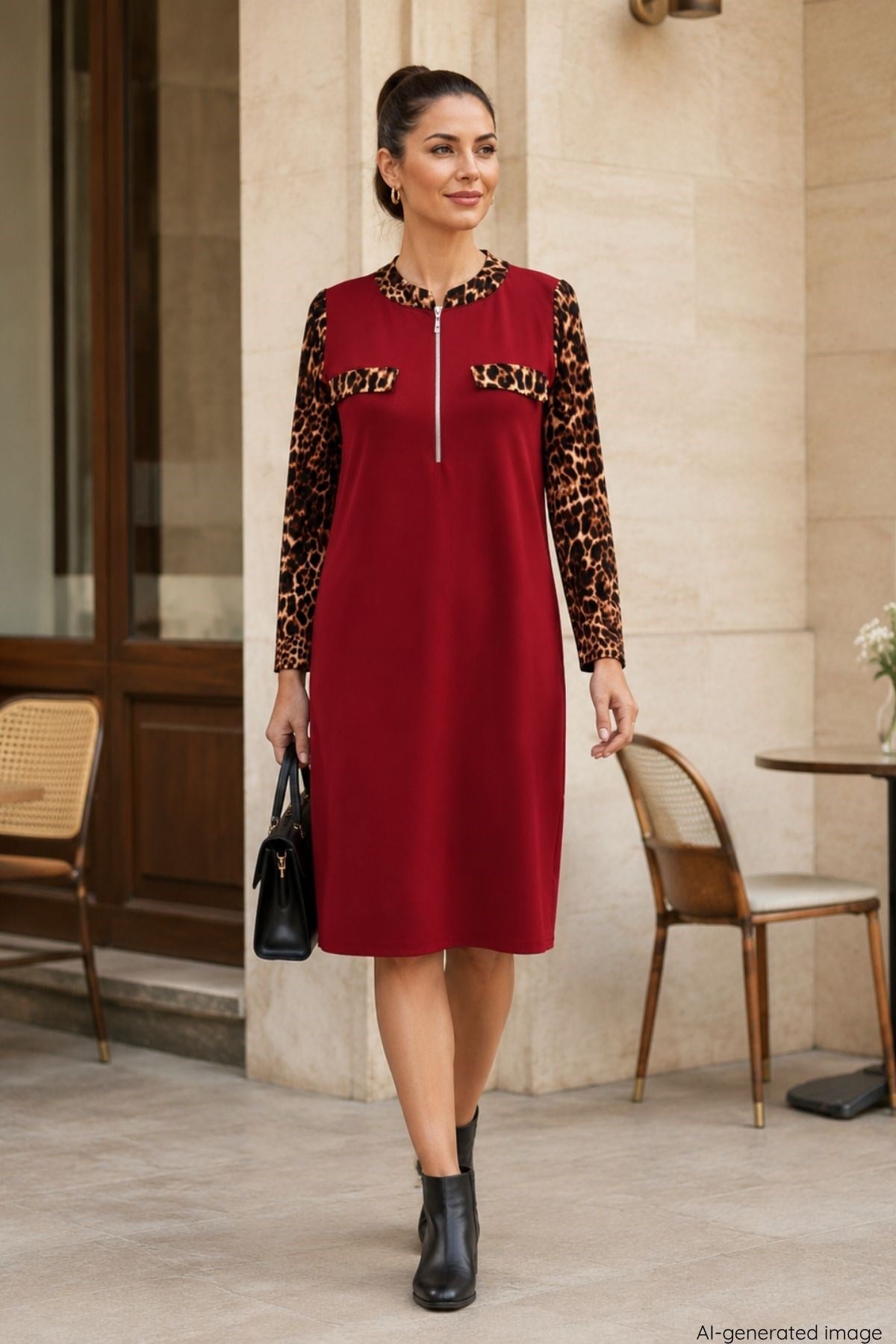 Leopar Detaylı Fermuarlı Midi Krep Elbise - Kırmızı