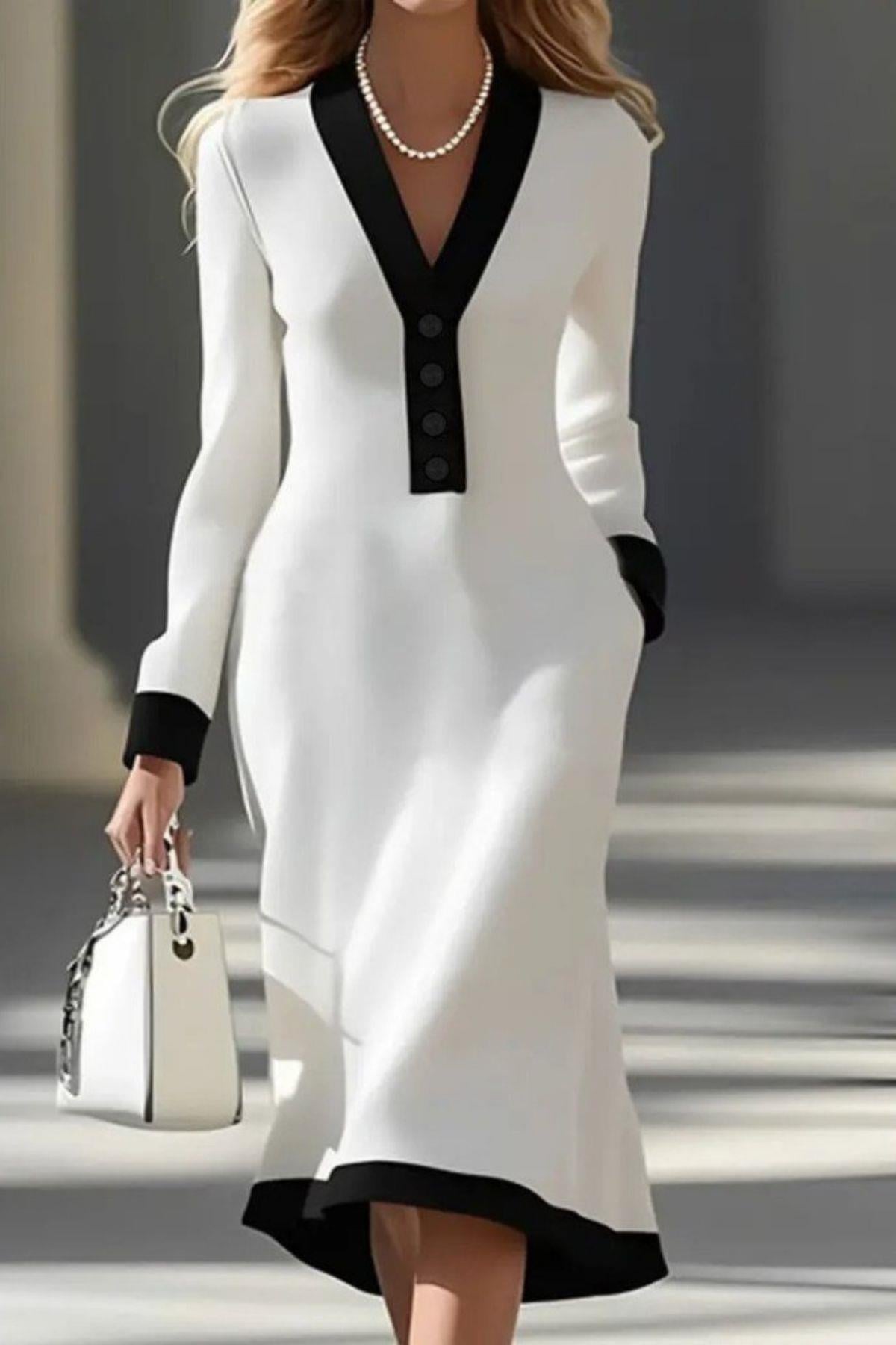 V Yaka Düğmeli Uzun Kollu Midi Modal Elbise - Beyaz