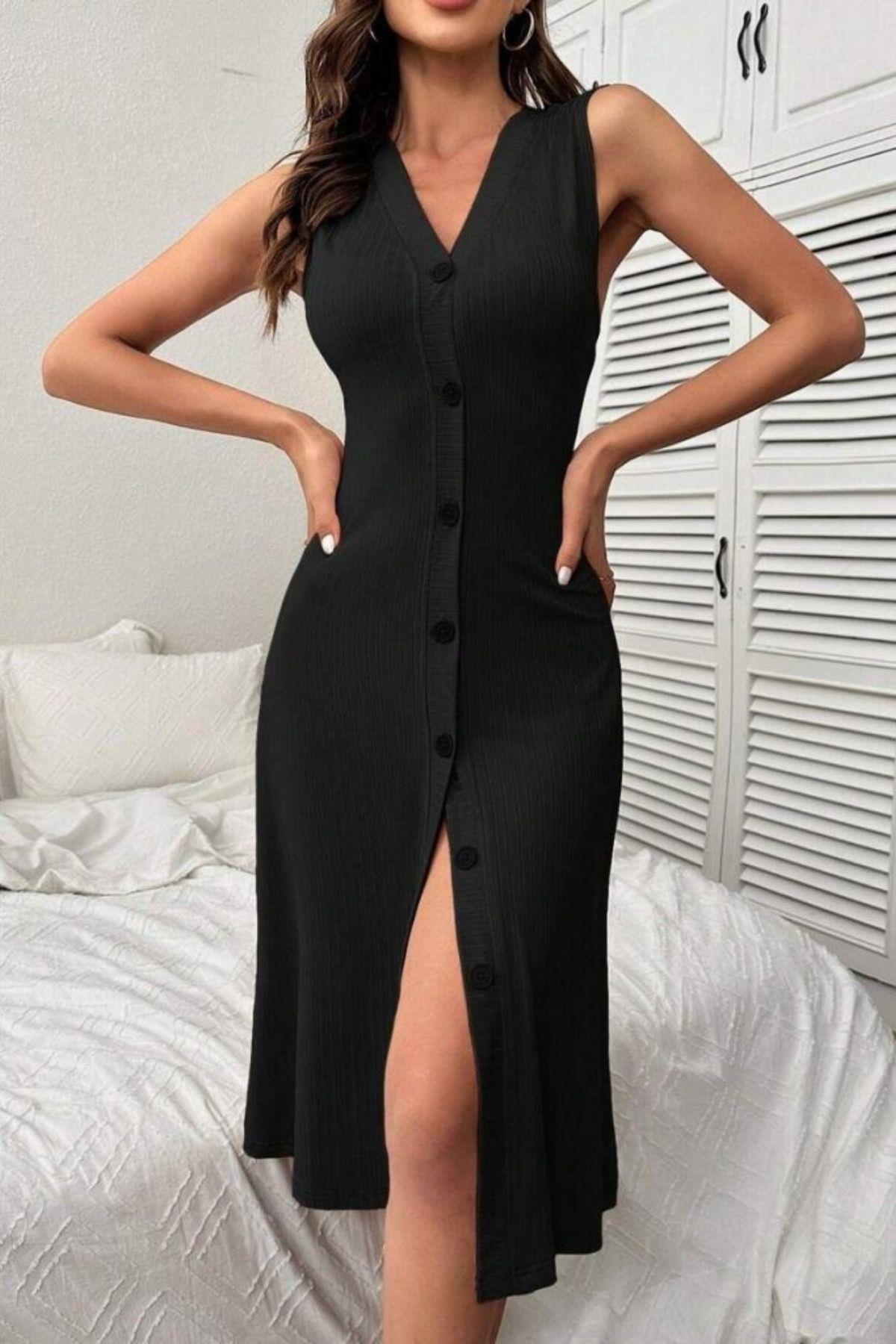 V Yaka Düğmeli Kaşkorse Midi Elbise - Siyah