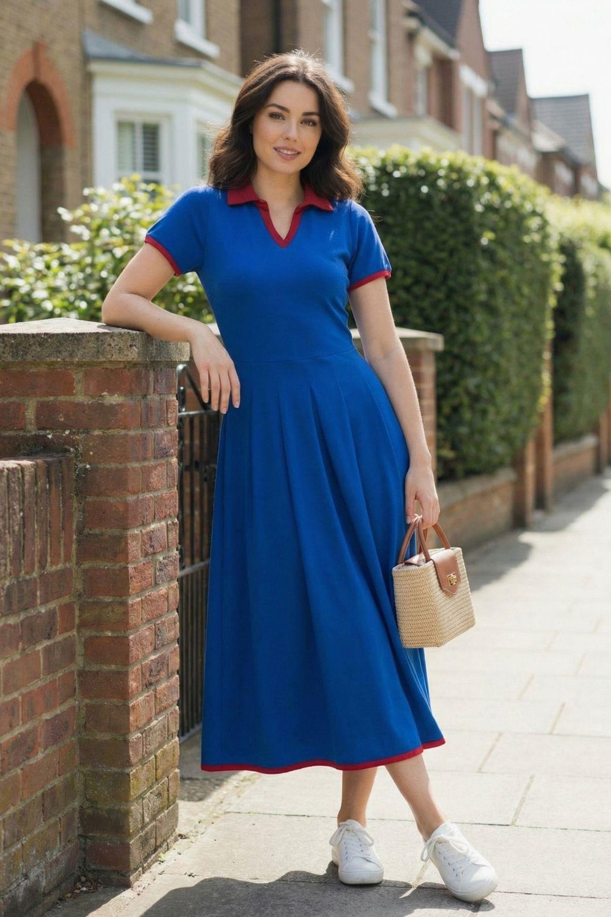 V Yakalı Şerit Detaylı Rahat Kesim Krep Elbise - Mavi