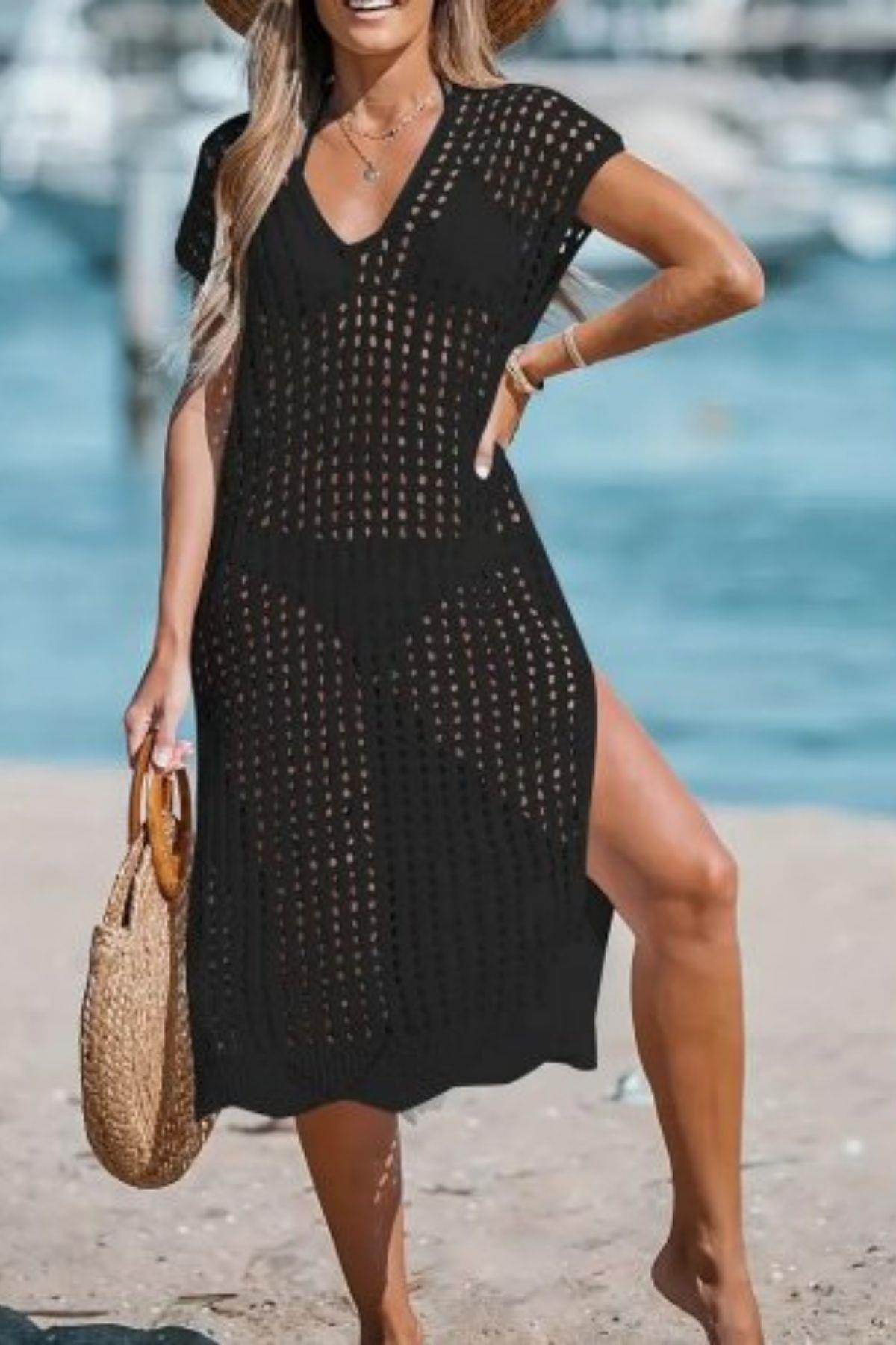 V Yaka Derin Yırtmaçlı Midi Triko Elbise - Siyah