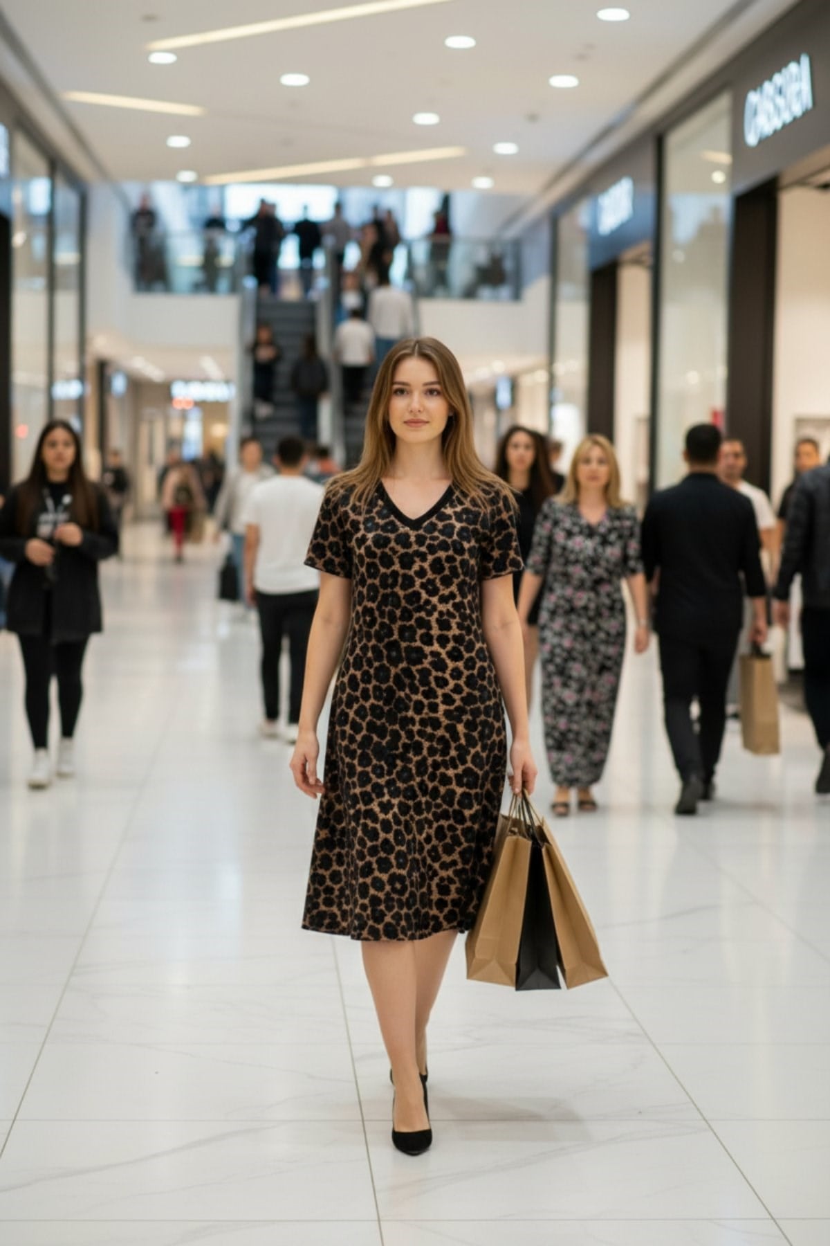 Kısa Kollu Leopar Desenli Süprem Elbise - Leopar