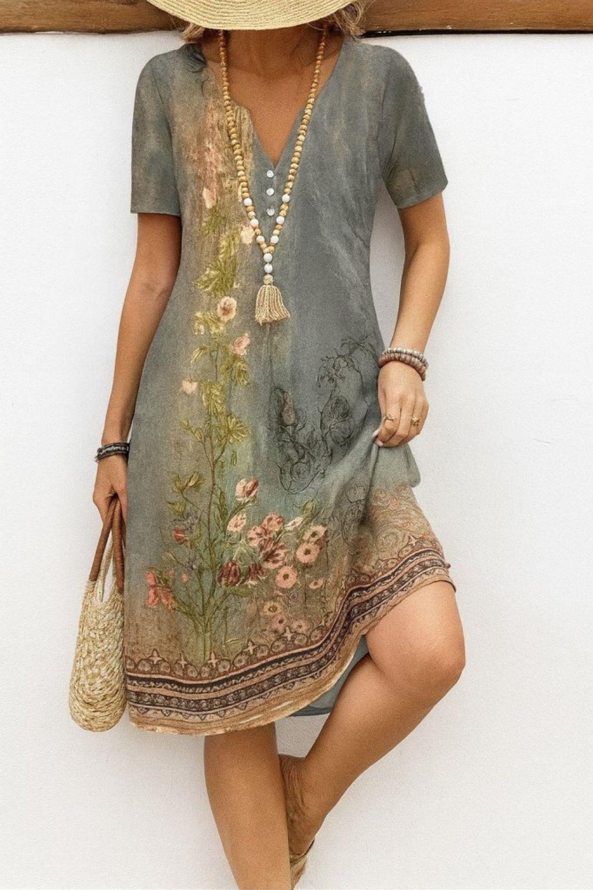 Kısa Kollu V Yaka Desenli Süprem Elbise - Gri