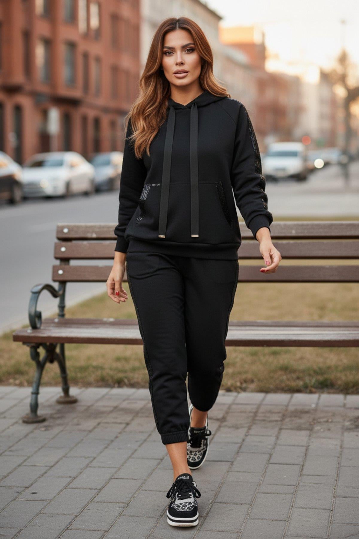 Premium Rahat Kesim Kapüşonlu Viskon İki İplik İkili Takım - Siyah