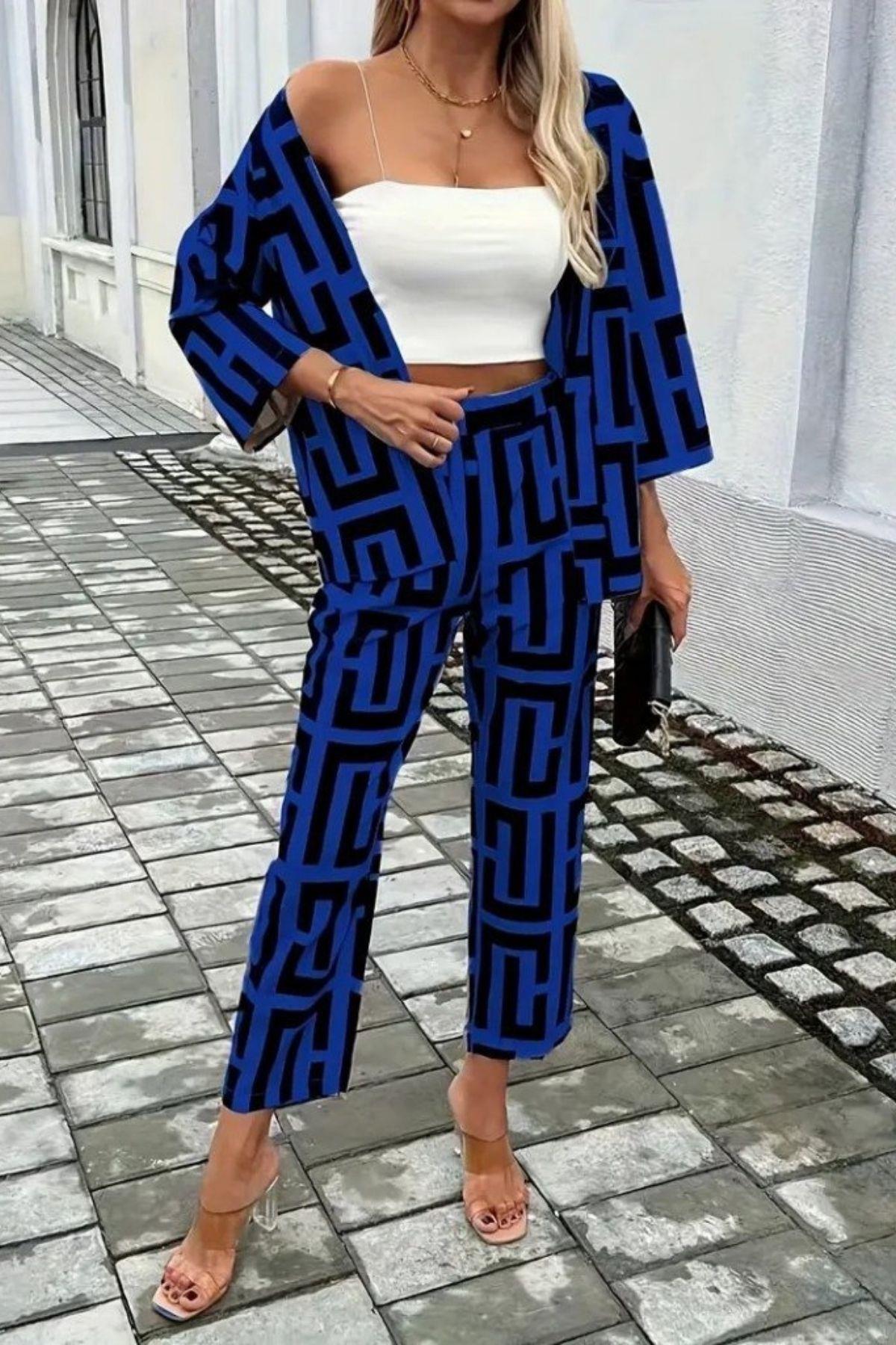 Geometrik Desenli Ceket Pantolon İkili Takım - Saks