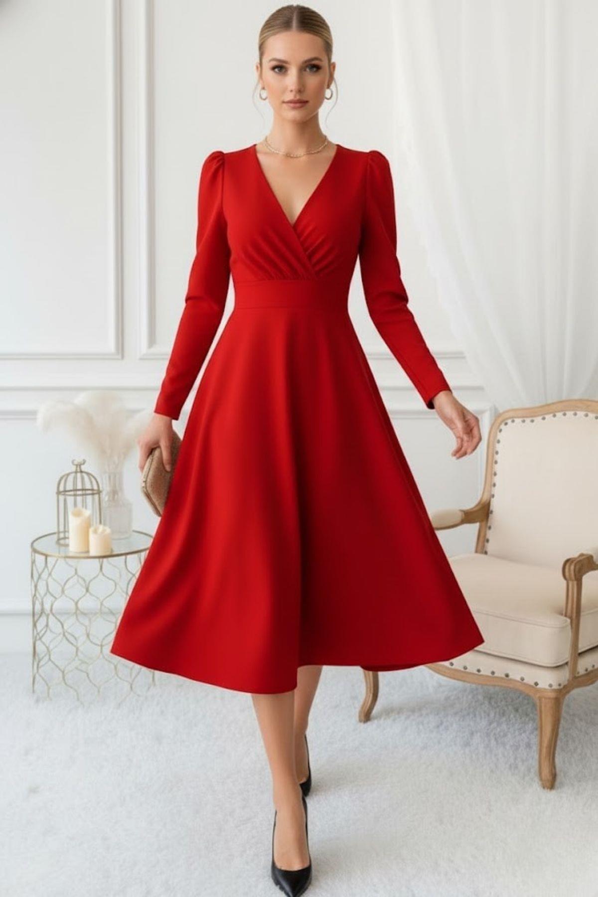 Zarif Kırmızı V Yaka Günlük & Davet Midi Elbise