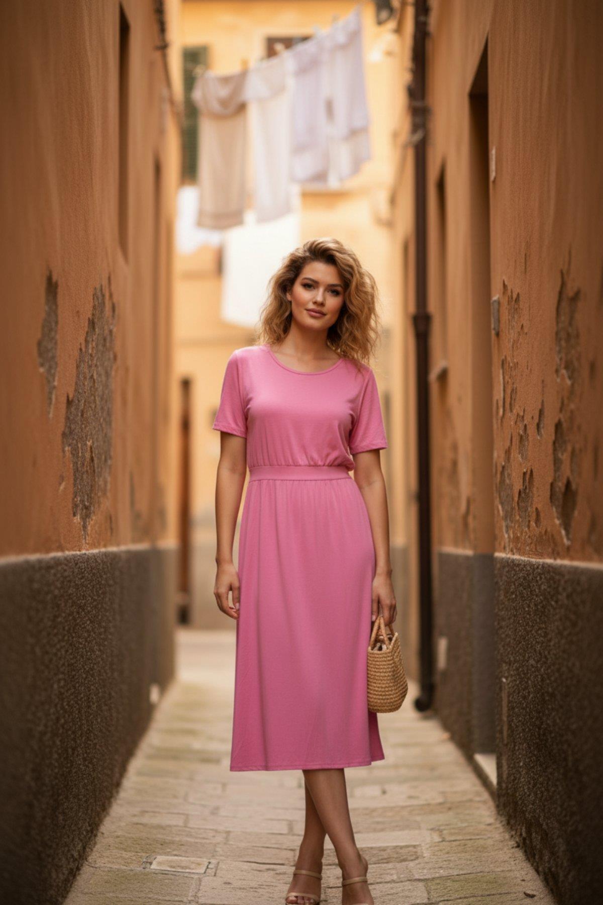 Sırt Düğme Detaylı Kısa Kollu Midi Viskon Elbise - Pembe